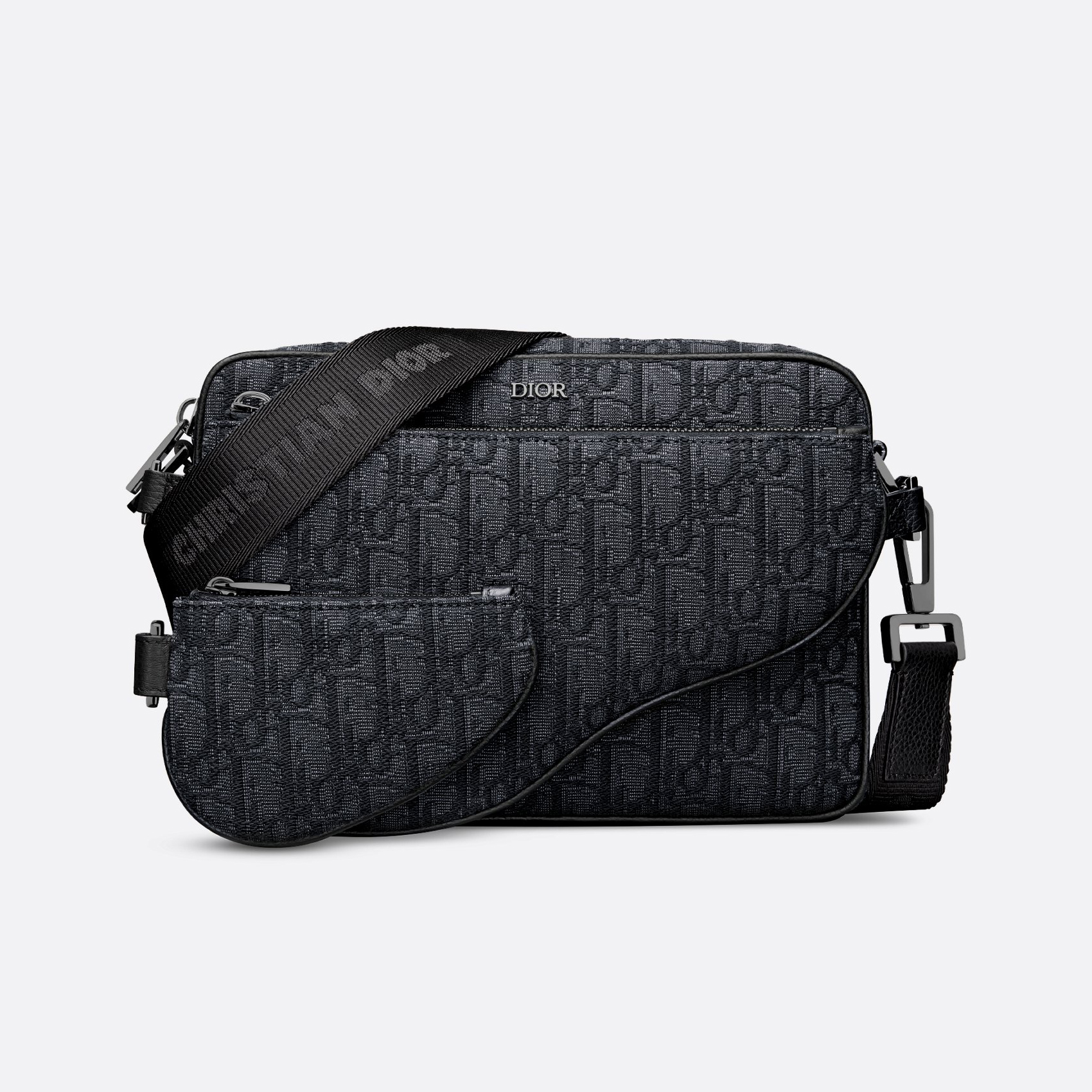 NIGO Dior Men's Black Embossed Pattern Magnetic Flap Leather Quilted Canvas Crossbody Saddle Bag Set of 3 #nigo74786