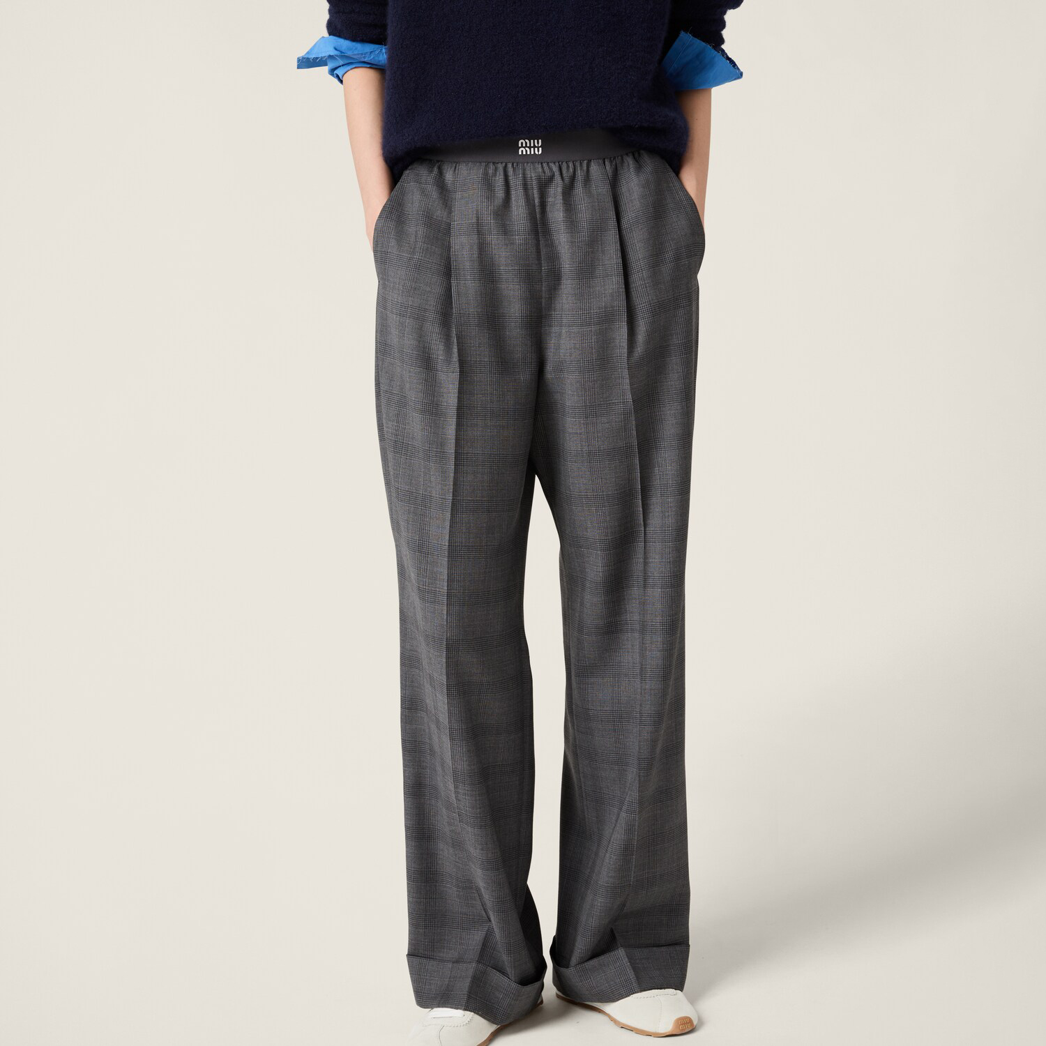 NIGO MiuMiu Women's Spring and Autumn Gray Check Elastic Mid Waist Wide Leg Casual Pants #nigo74783