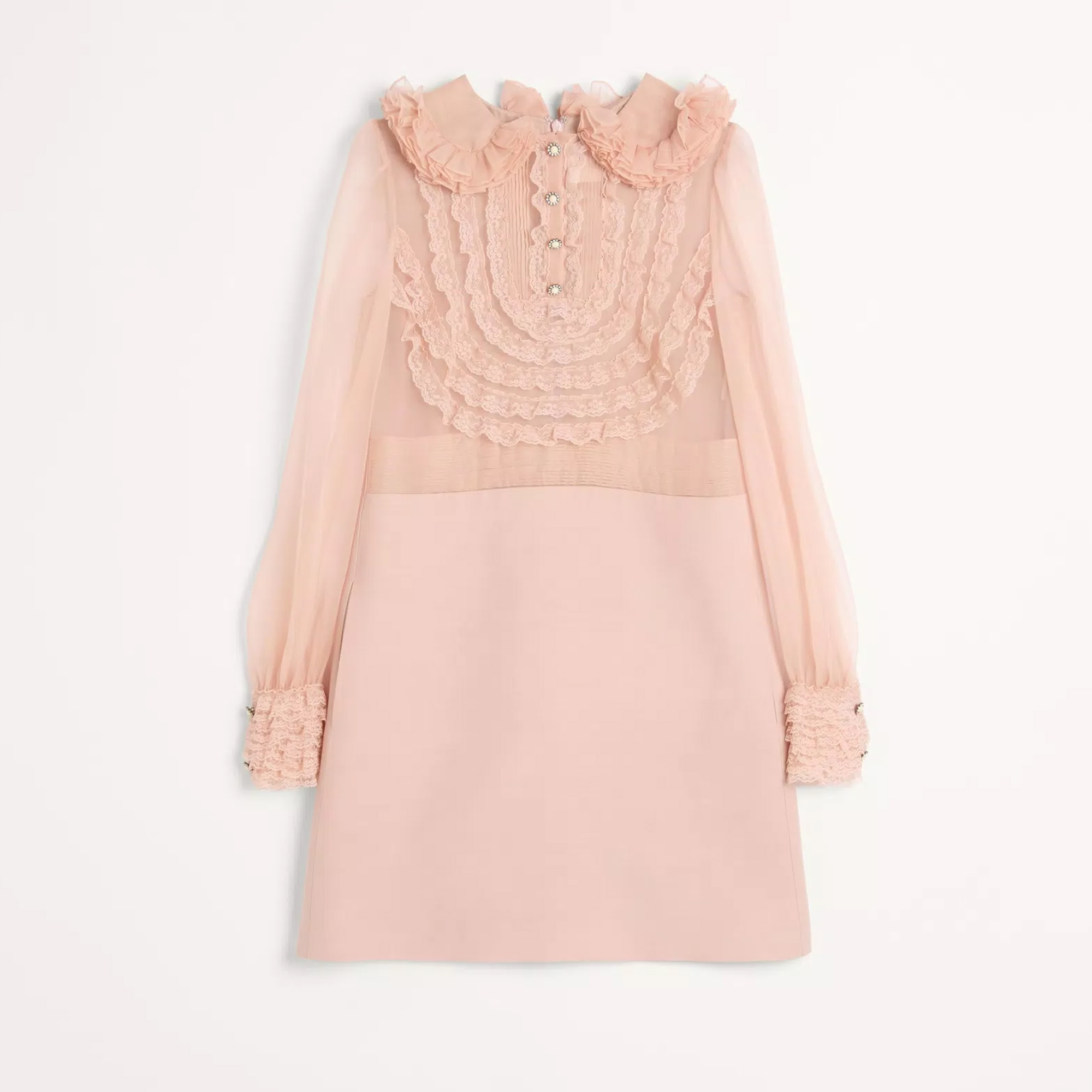 NIGO Valentino Women's Spring And Summer Embroidered Crepe Couture Round Neck Solid Color Lace A-Line Short Long-Sleeved Silk Dresses Ngvp #nigo9815