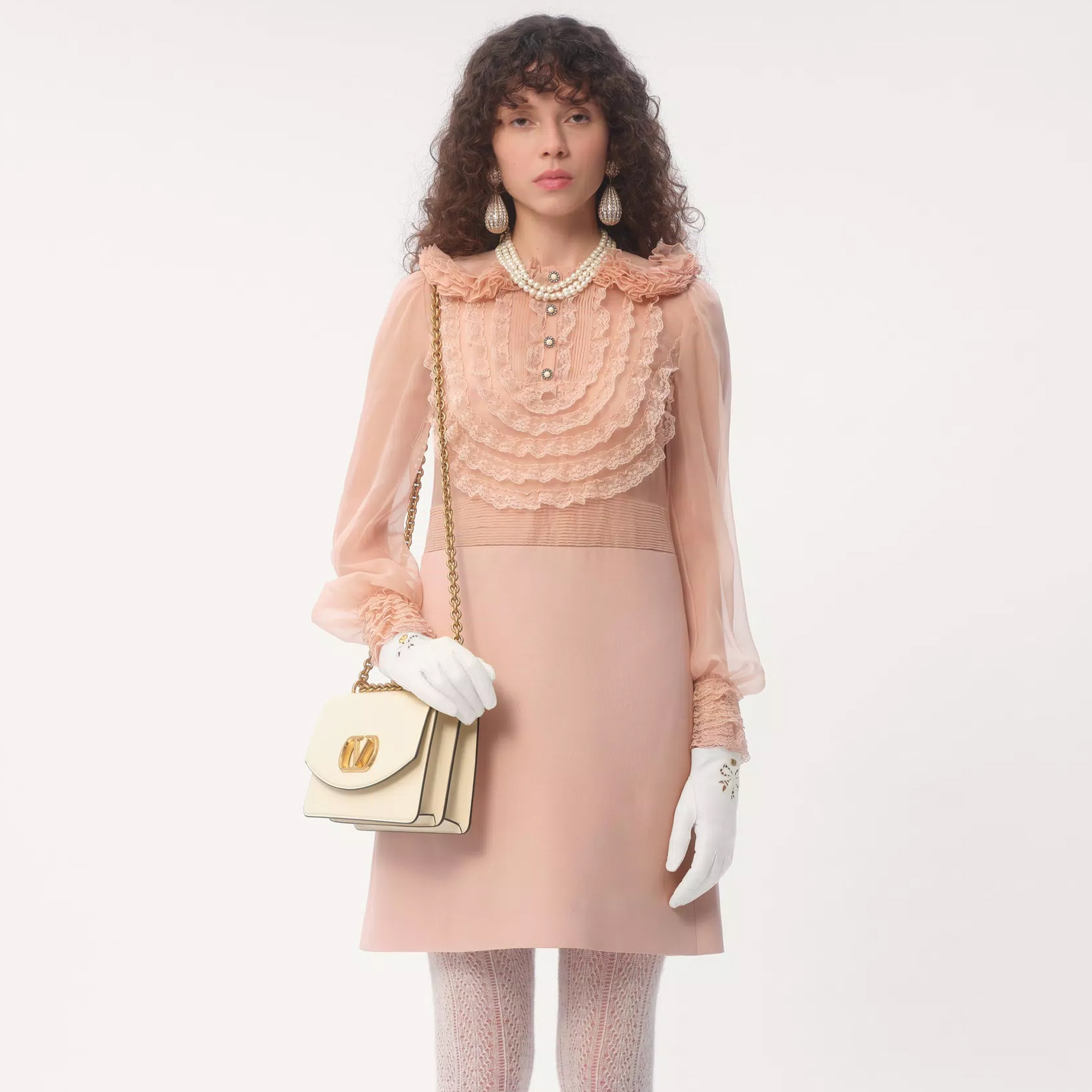 NIGO Valentino Women's Spring And Summer Embroidered Crepe Couture Round Neck Solid Color Lace A-Line Short Long-Sleeved Silk Dresses Ngvp #nigo9815