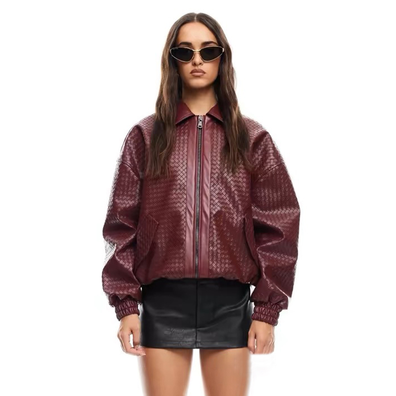 NIGO Lioness Women's Autumn And Winter Solid Color Lapel Zipper Woven Check Long Sleeve Leather Jacket Ngvp #nigo9817