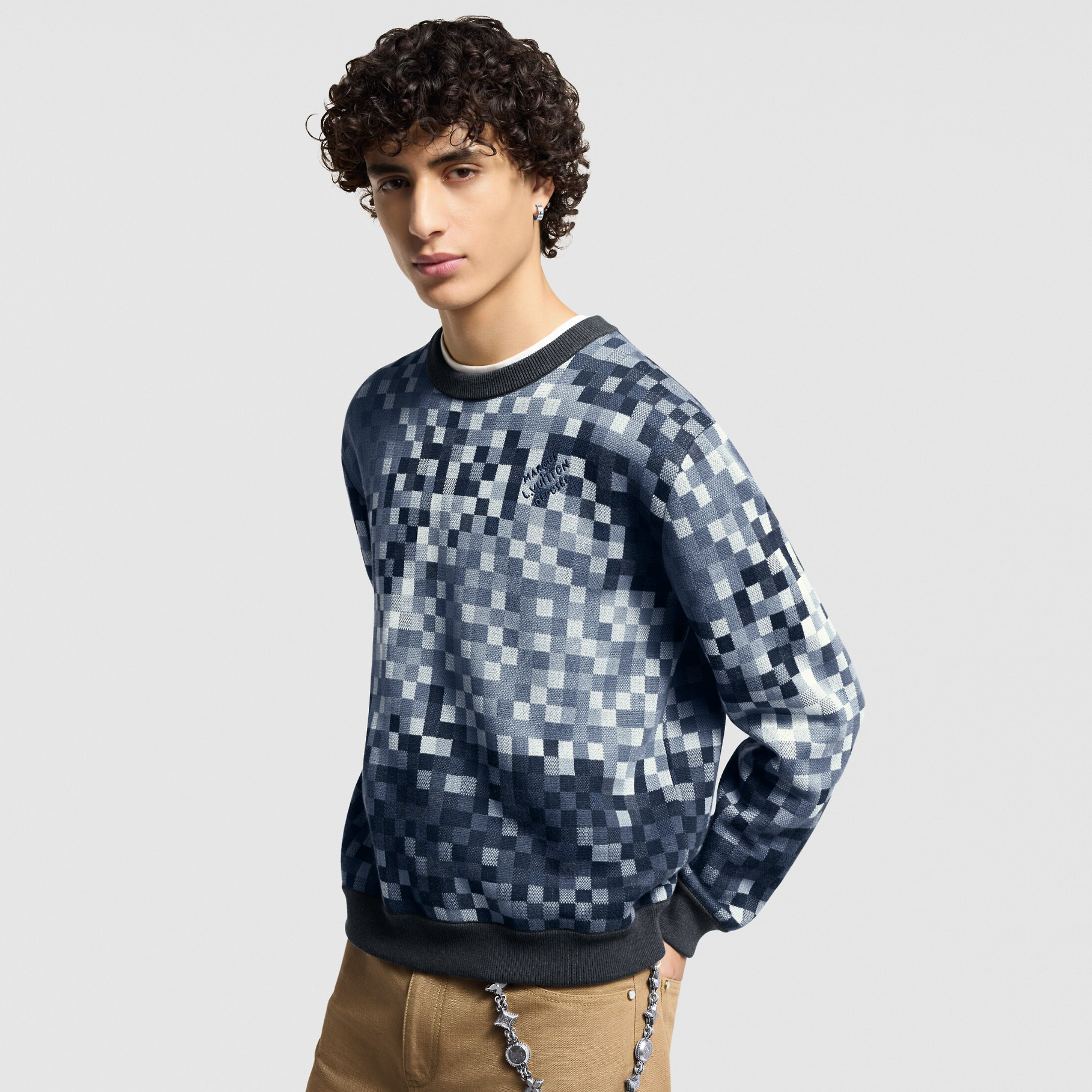 NIGO Louis Vuitton Men's Spring and Autumn Plaid Printed Crew Neck Ribbed Jacquard Long Sleeve Knitted Sweater #nigo74845