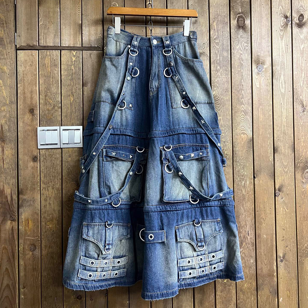 NIGO Balenciaga Men's Skirt Vintage Rivets Straps Detachable Denim Skirt High Street Ragged Trend Punk Style Jeans Pants #nigo71841