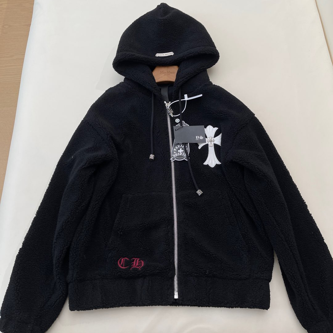 NIGO Chrome Hearts Men's And Women's Autumn And Winter Solid Color Lamb Wool Fabric Hooded Zipper Long Sleeved Jacket #nigo74825