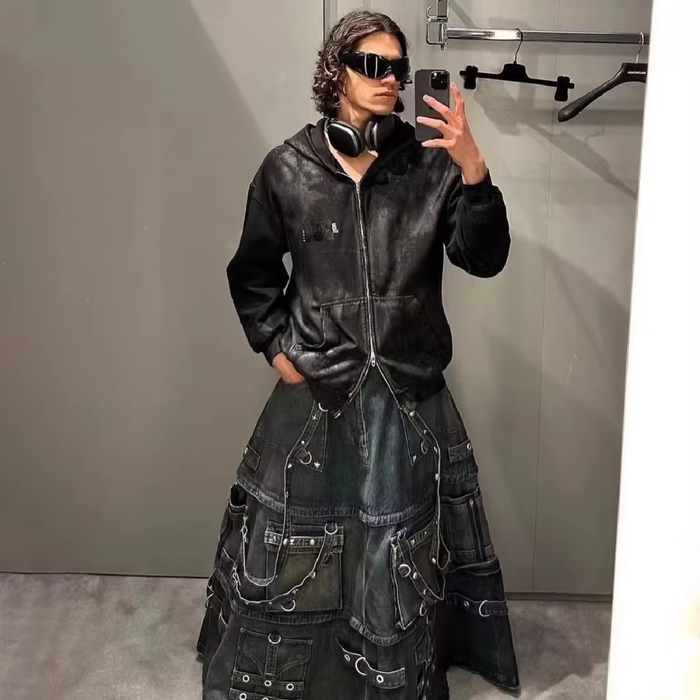 NIGO Balenciaga Men's Skirt Vintage Rivets Straps Detachable Denim Skirt High Street Ragged Trend Punk Style Jeans Pants #nigo71841