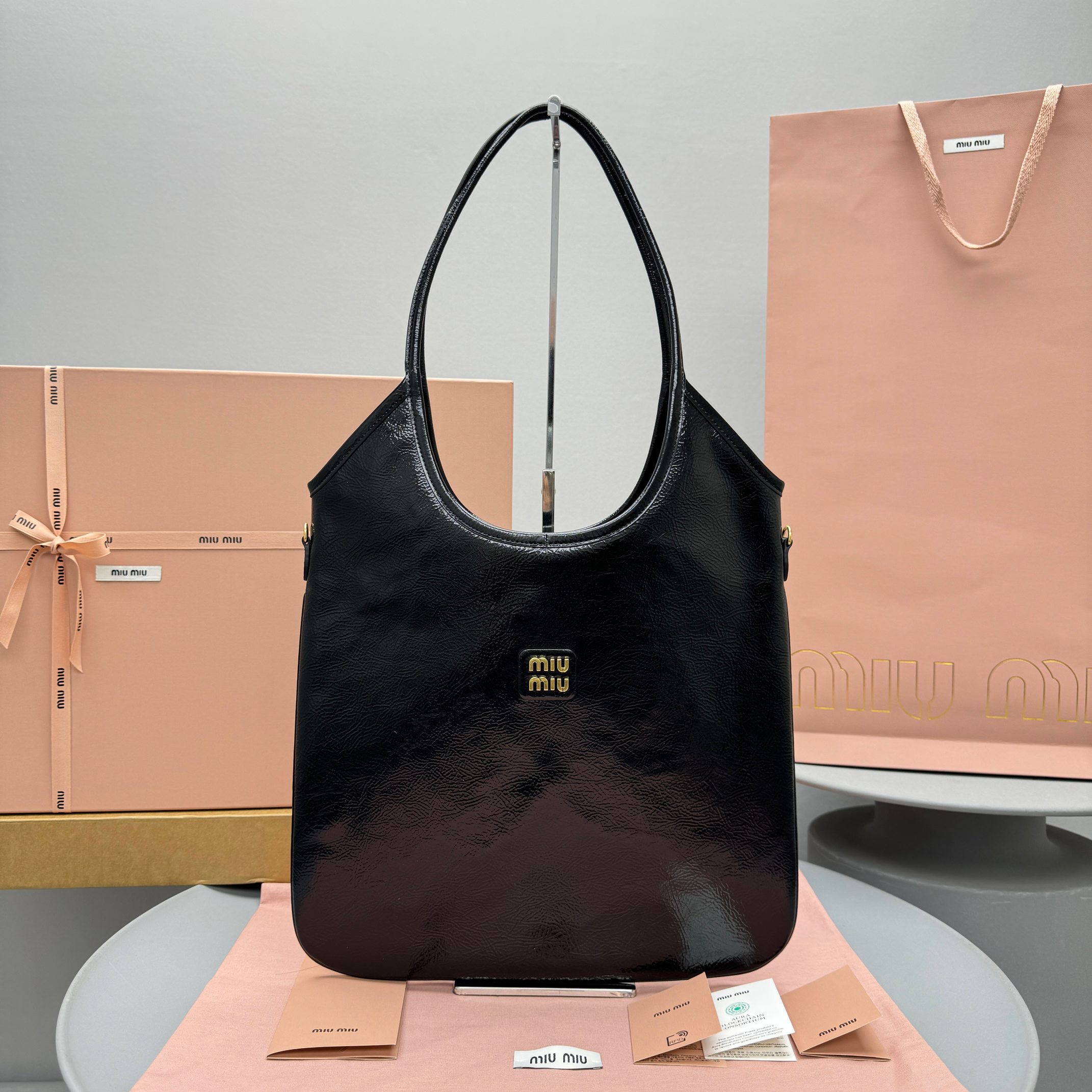 NIGO MiuMiu Women's Solid Color Engraved Logo Suede Fabric and Patent Leather Shopping Bag Shoulder Tote Bags #nigo74851