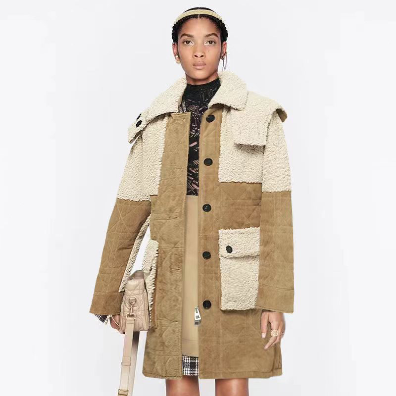 NIGO Dior Women's Autumn and Winter Colorblocking Lamb's Wool Patchwork Suede Long Drawstring Single-Breasted Hooded Coat Jacket #nigo74847
