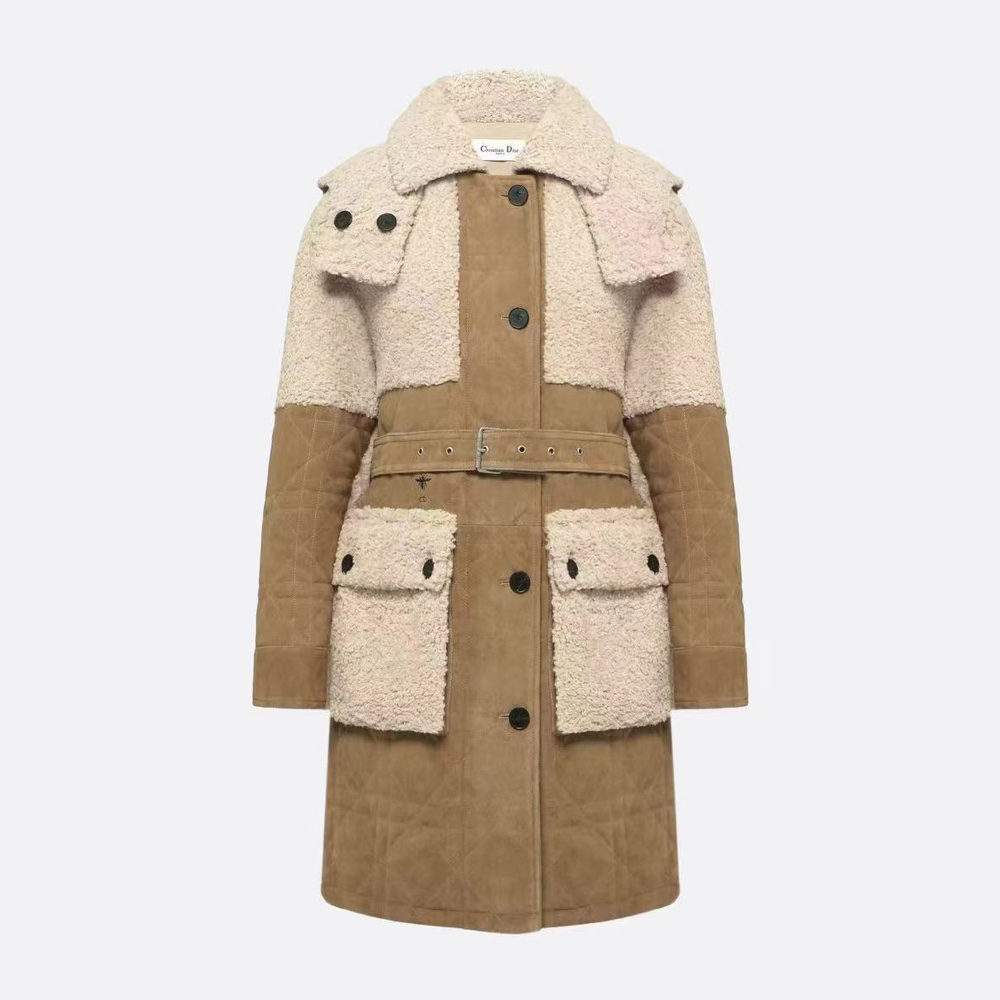 NIGO Dior Women's Autumn and Winter Colorblocking Lamb's Wool Patchwork Suede Long Drawstring Single-Breasted Hooded Coat Jacket #nigo74847