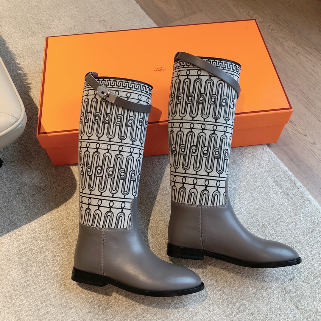 NIGO Hermes Women's Autumn Winter Jumping Leather Print Colorblocking Round Toe Thigh High Boots Shoes #nigo74867