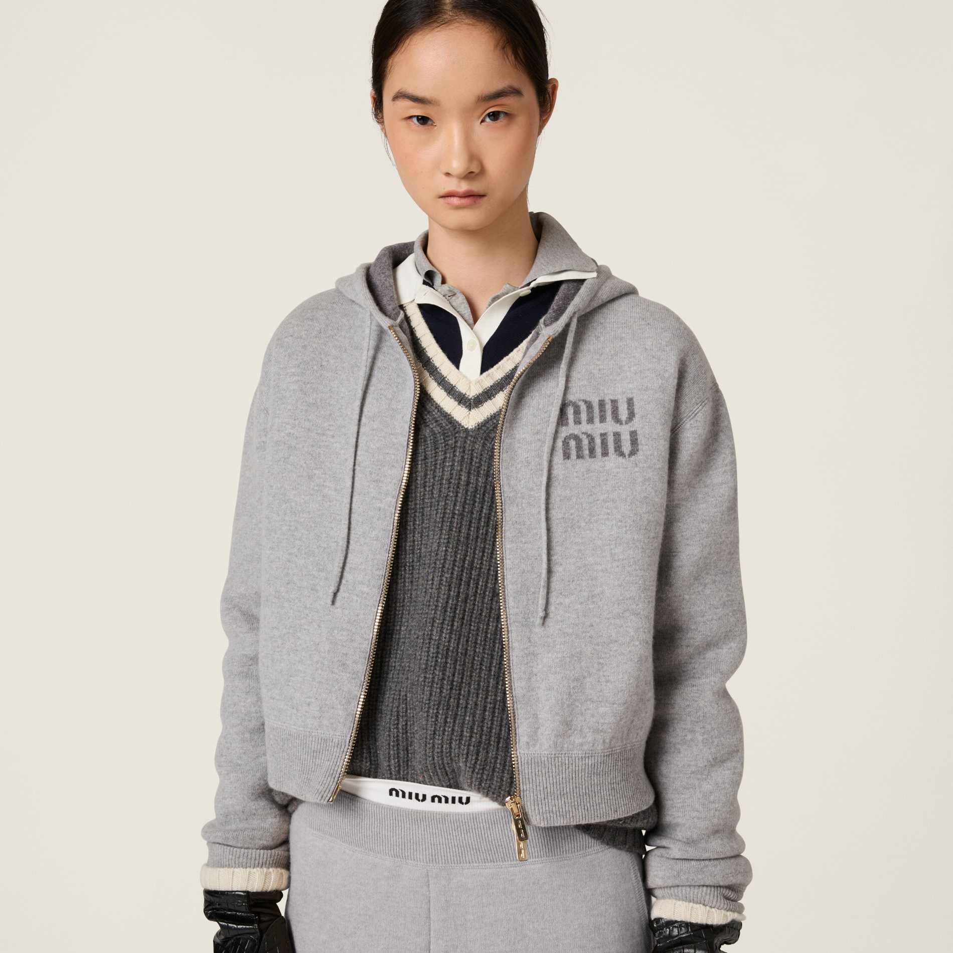 NIGO MiuMiu Women's Spring and Autumn Solid Color Blend Sports Cashmere Sweater Hooded Zipper Jacket #nigo74866
