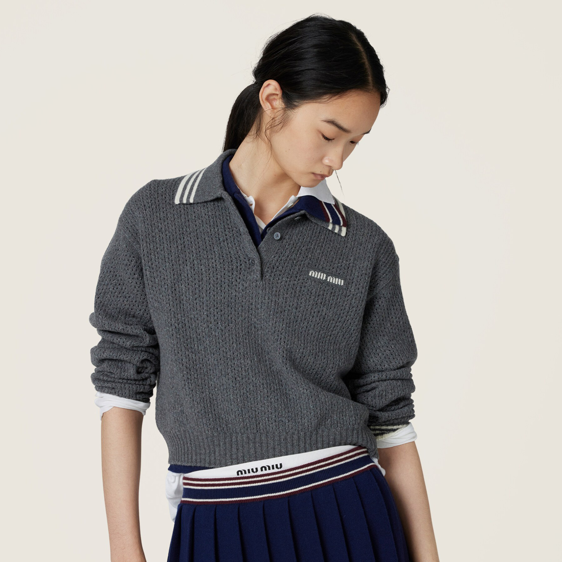 NIGO MiuMiu Women's Spring and Autumn Solid Color Mesh Cashmere Knit Loose Polo Neck Long Sleeve Sweater Knit Pleated Short Skirt Set Suit #nigo74865