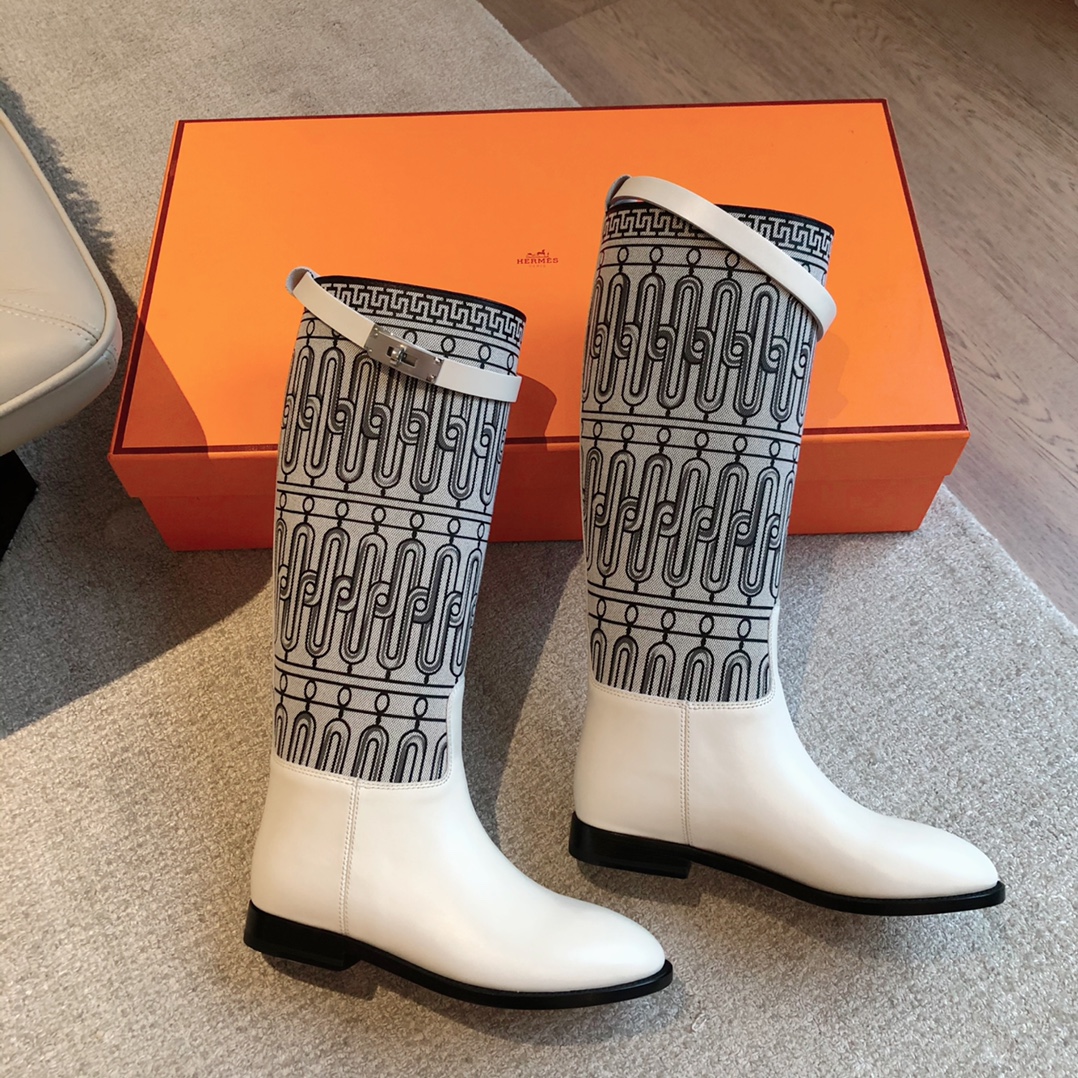 NIGO Hermes Women's Autumn Winter Jumping Leather Print Colorblocking Round Toe Thigh High Boots Shoes #nigo74867