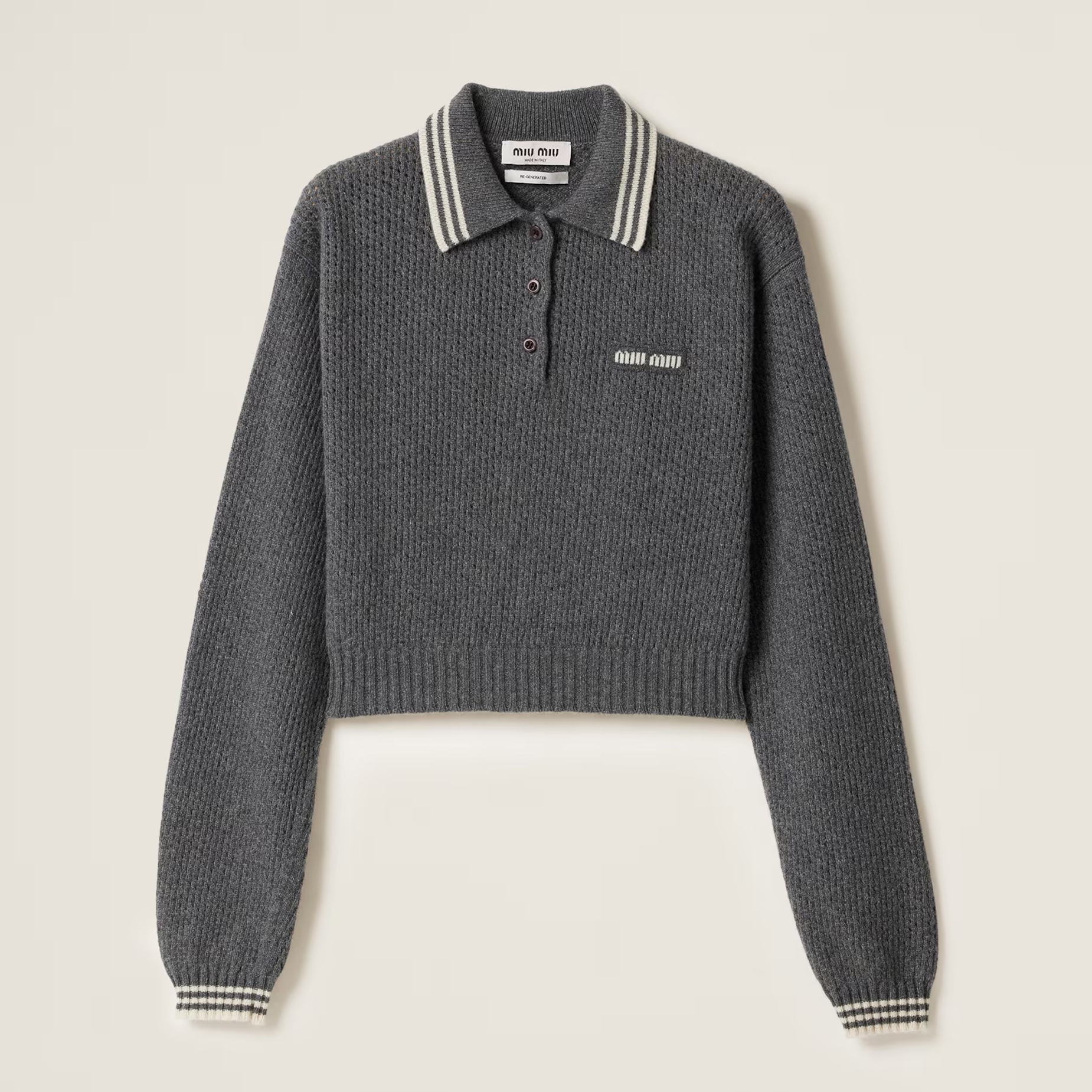 NIGO MiuMiu Women's Spring and Autumn Solid Color Mesh Cashmere Knit Loose Polo Neck Long Sleeve Sweater Knit Pleated Short Skirt Set Suit #nigo74865