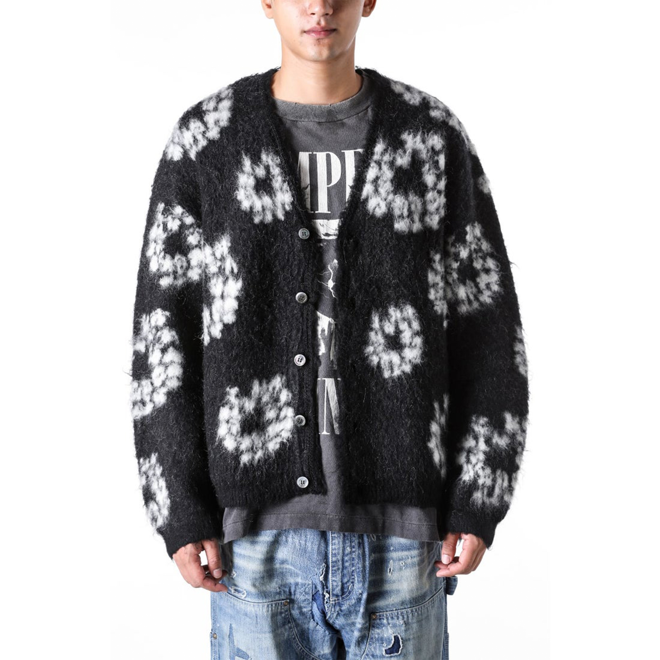 NIGO Denim Tears X Saint Michael Men's Vintage Black And White Kapok Wool Knit Sweater Fashion Casual Mohair Cardigan Single Breasted Knitted Jacket Ngvp #nigo9824