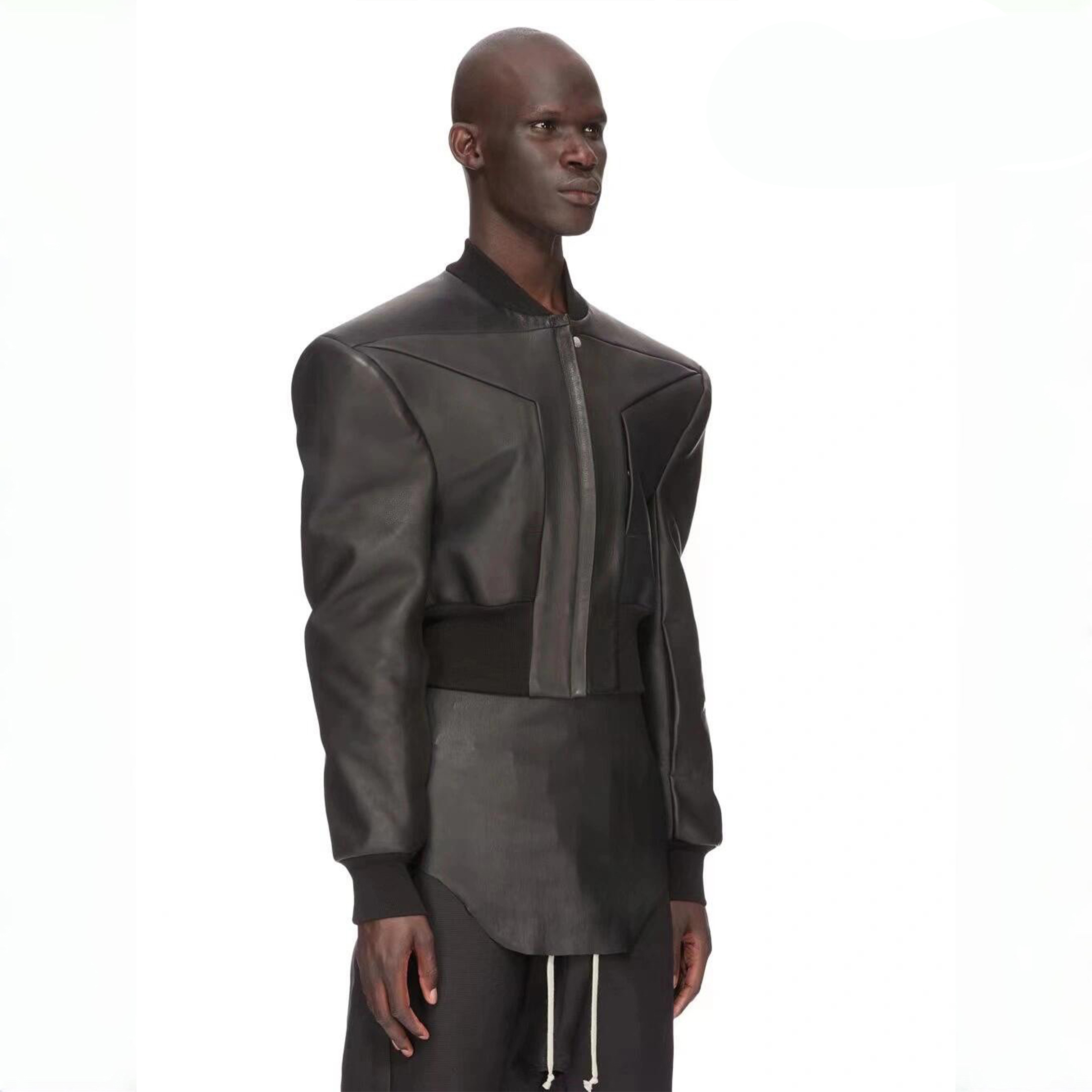 NIGO Rick Owens Men's Spring And Autumn Standing Collar Short Shoulder Padded Leather Jacket High Street Hip Hop Zip Long Sleeve Leather Jacket Ngvp #nigo9828