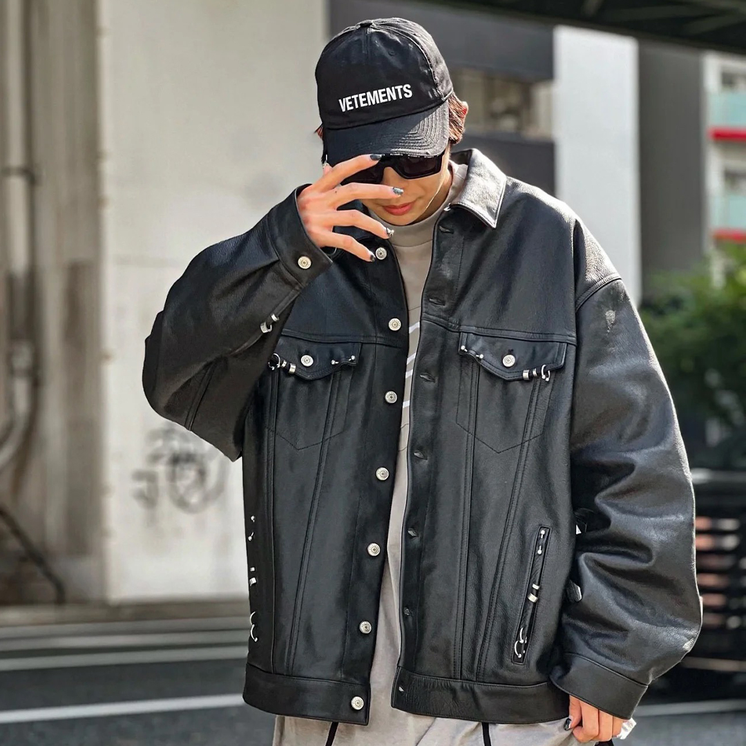 NIGO Balenciaga Men's Spring And Fall Rivets Perforated Solid Color Lapel Single-Breasted Loose Long-Sleeved Leather Jacket #nigo71819