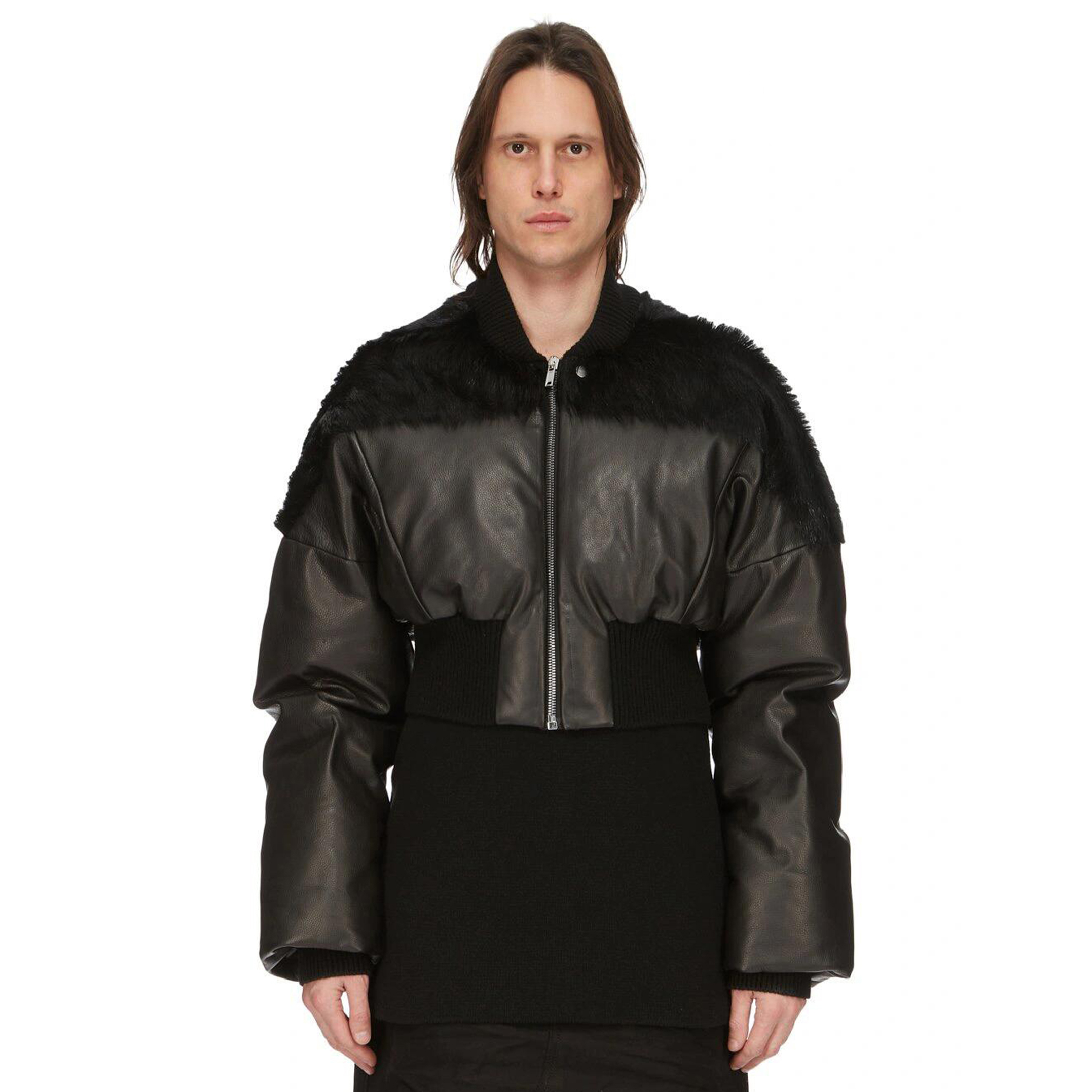 NIGO Rick Owens Men's Autumn And Winter Fur Splicing Leather Down Jacket Dark Style Fashion High Street Hip Hop Zip Short Jacket Ngvp #nigo9825