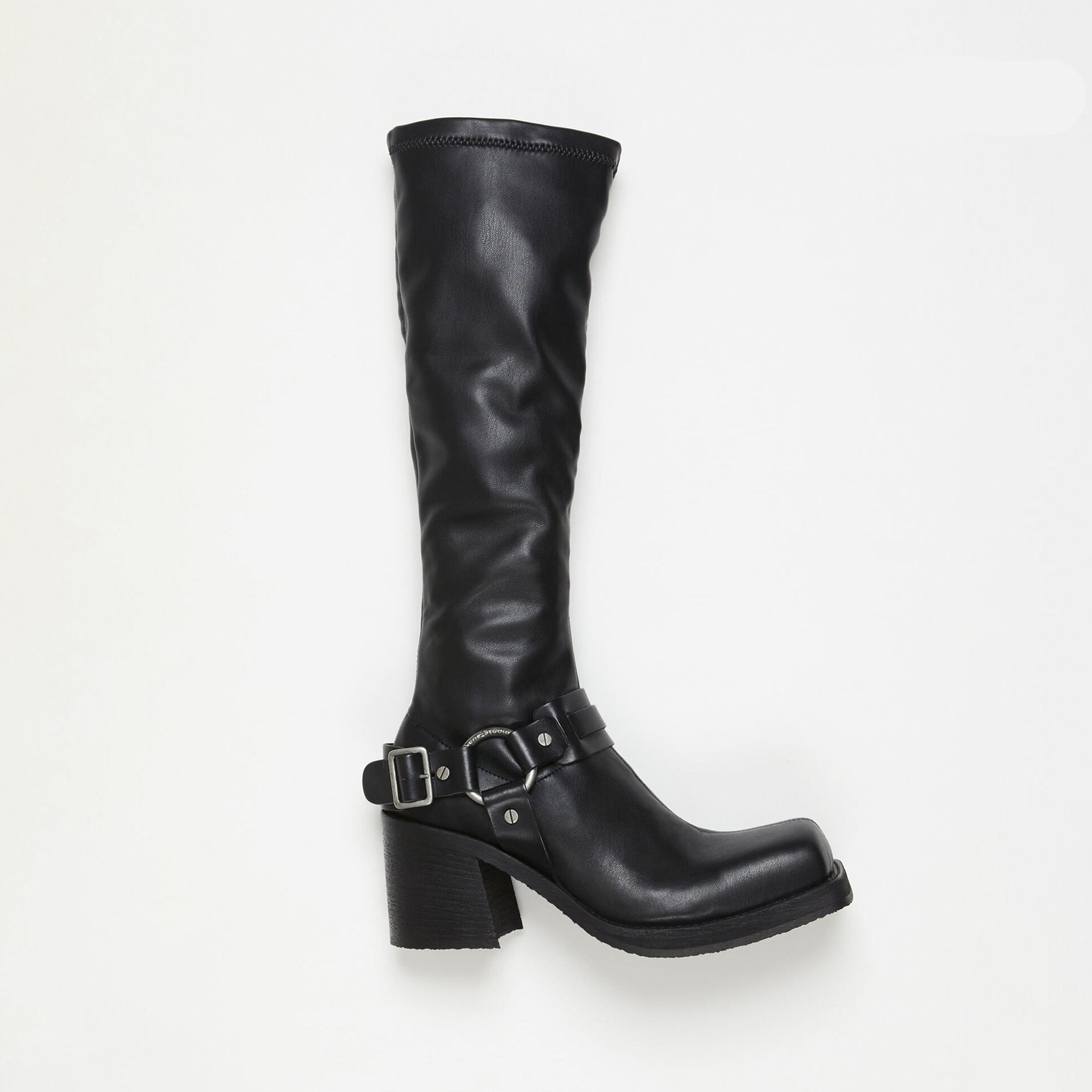 NIGO Acne Studios Women's Square Head Round Buckle Biker Boots Shoes Cowhide High Heel Elastic New Thick Heel Thick Bottom Knight Boots Long Tube Skinny Boots Ngvp #nigo9856