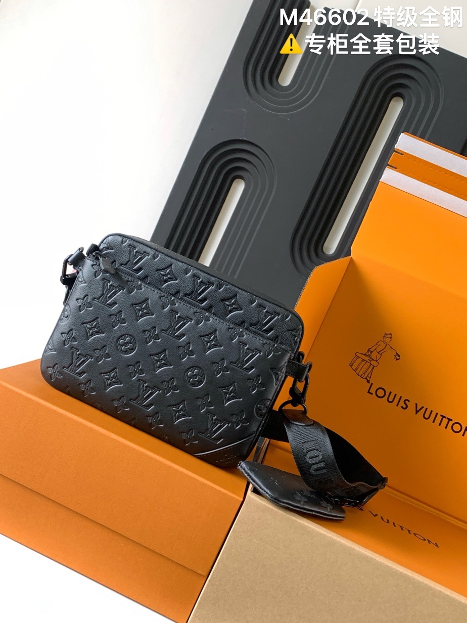 NIGO Louis Vuitton Trio Men's Black Classic Old Flower Adjustable Shoulder Strap Embossed Leather with Cowhide Trim Messenger Bag Shoulder Crossbody Bags #nigo74931