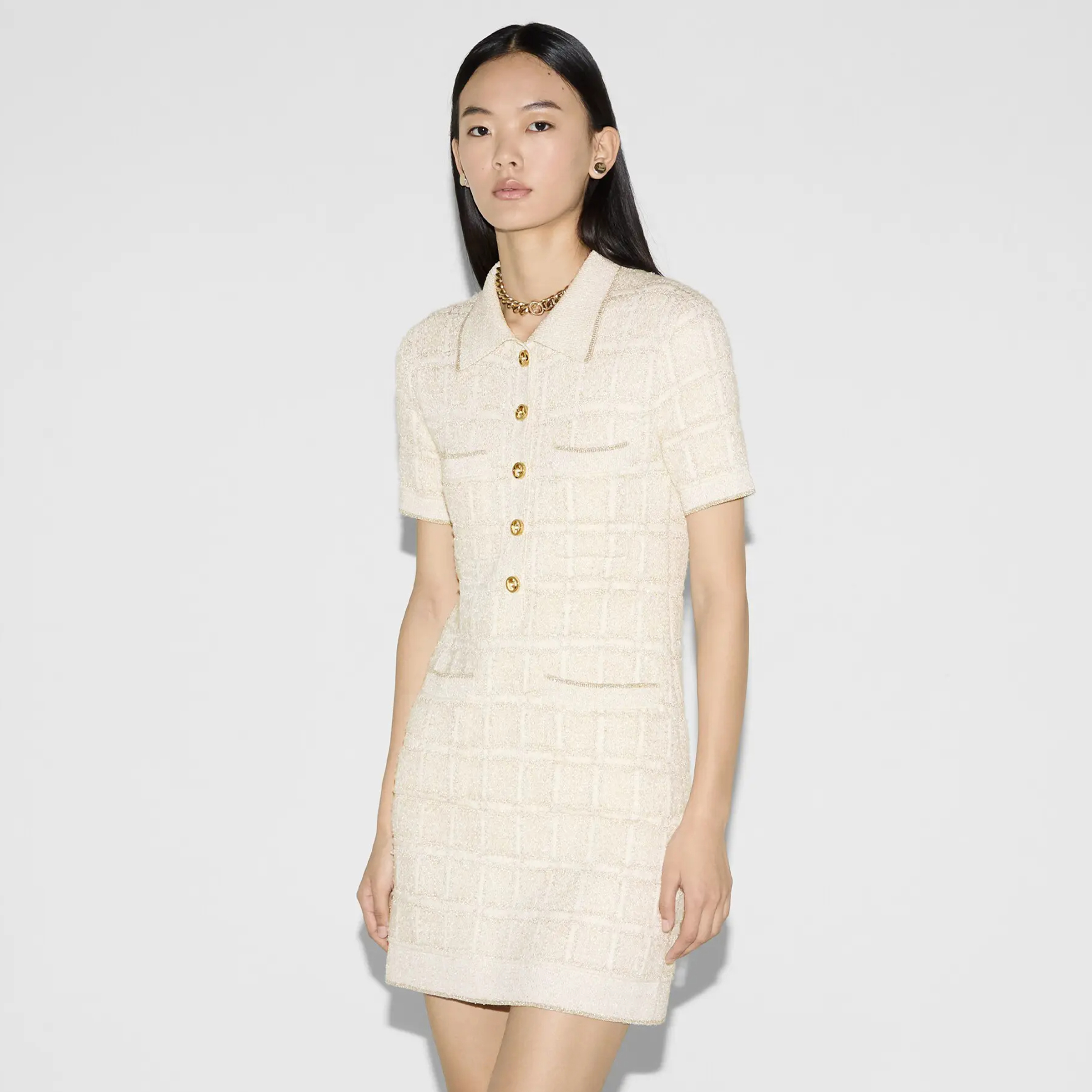 NIGO Gucci Women's Early Spring Wool Gold And Silver Silk Thread Plaid Jacquard Dress Lapel Knitted Temperament Elegant Dresses Ngvp #nigo9852