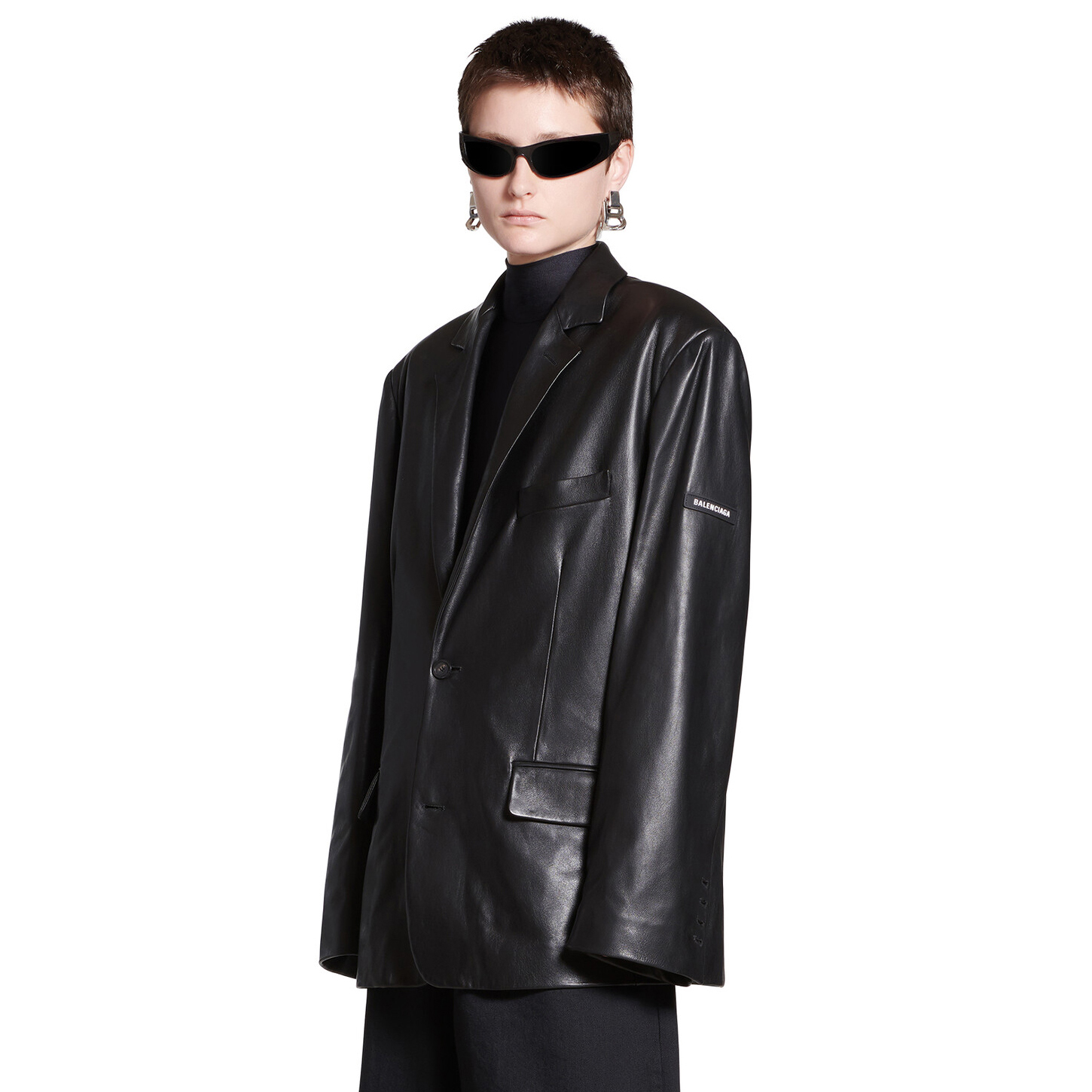 NIGO Balenciaga Women‘s Fall/Winter Black Logo Labeled Single Breasted Regular Fit Long Sleeve Leather Jacket #nigo74918