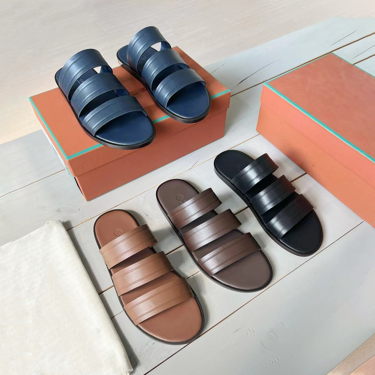 NIGO Loro Piana Men's Summer Pure Color Calfskin Round Head Over-Toe Slippers Sandals Shoes #nigo74938