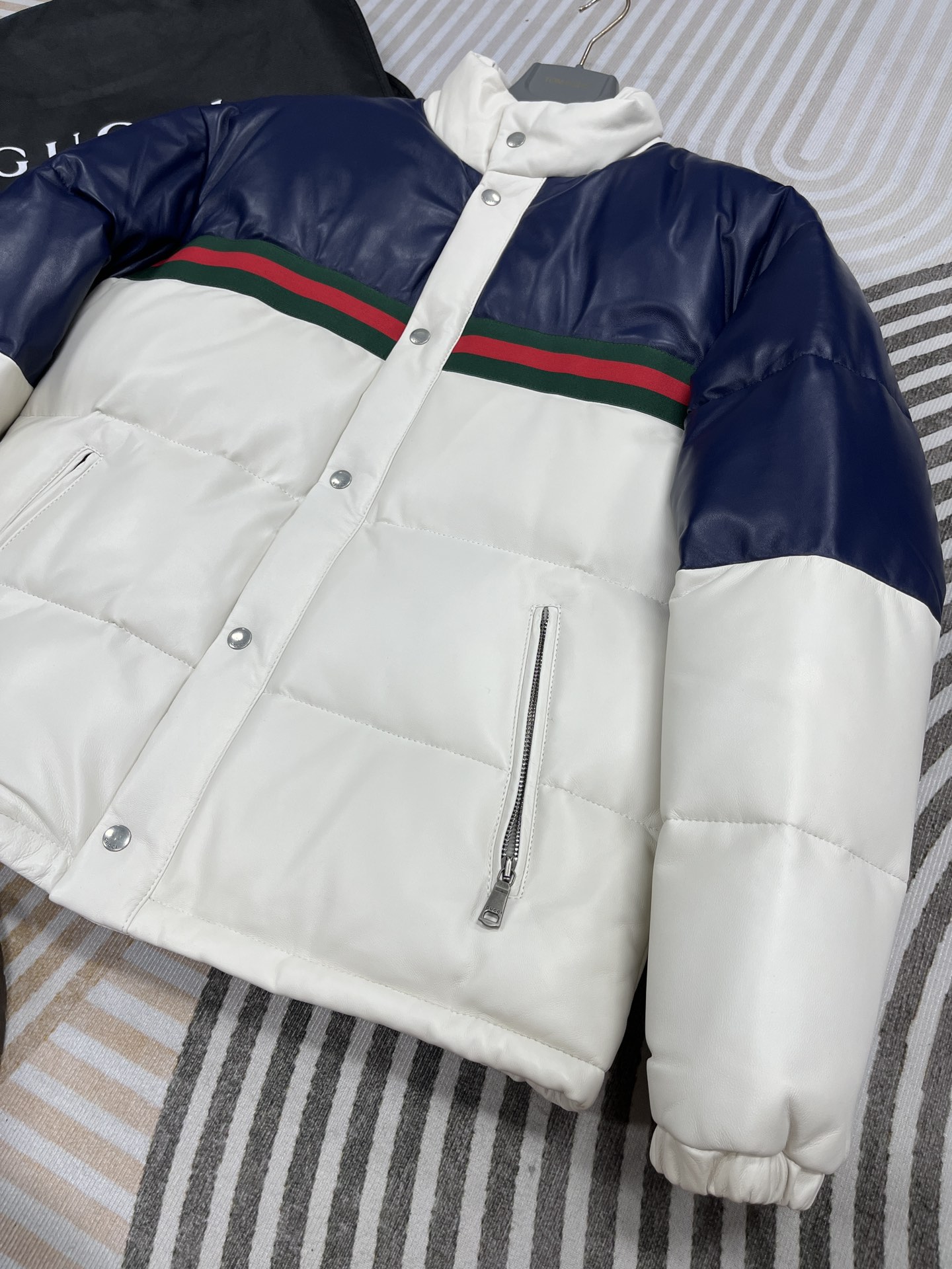 NIGO Gucci Women's Autumn and Winter Clashing Stripes Decoration Long Sleeve Standing Collar Leather Puffer Down Jacket #nigo74935