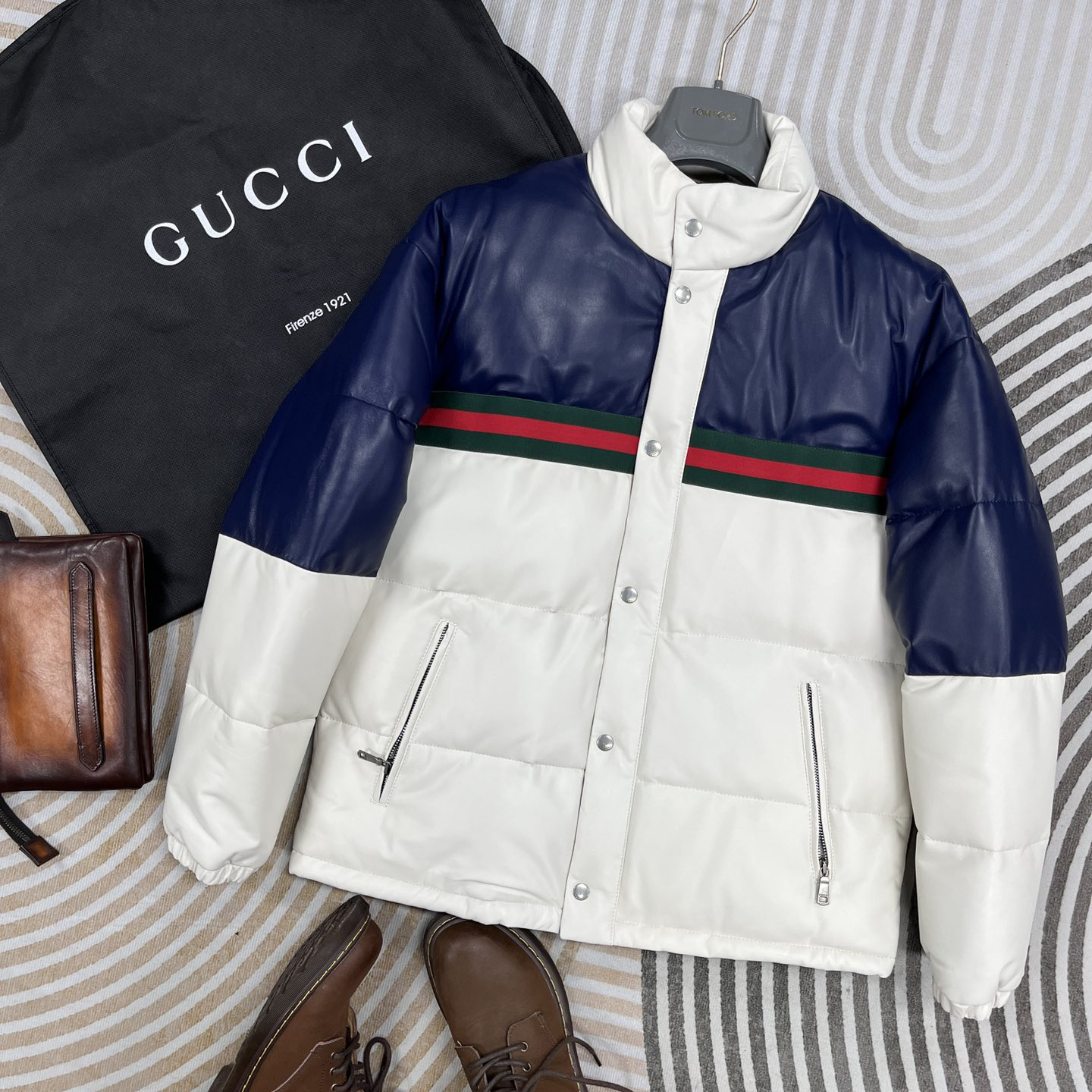 NIGO Gucci Women's Autumn and Winter Clashing Stripes Decoration Long Sleeve Standing Collar Leather Puffer Down Jacket #nigo74935