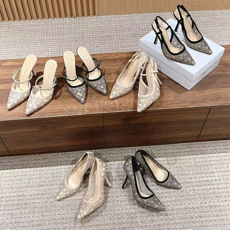 NIGO Dior Women's Spring, Summer And Autumn Mesh Plaid Upper Solid Color Sheepskin Fine Heel Slippers Fashion Capture Heels Mule Casual Shoes Ngvp #nigo9846