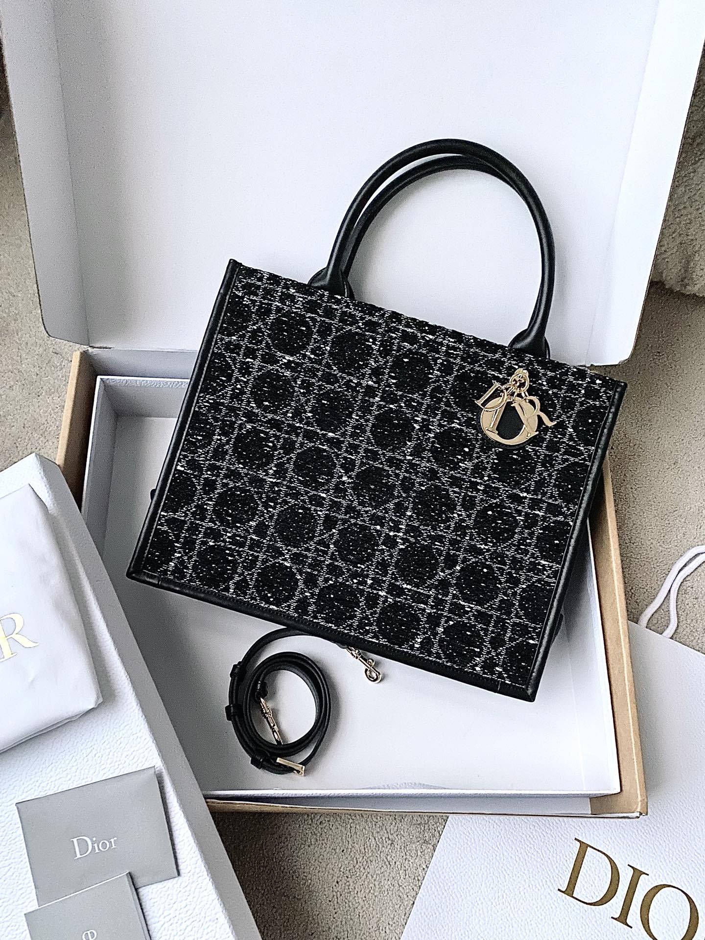 NIGO Dior Book Tote Women's Gold Finish Metallic Black Rattan Check Pattern Tweed Tote Bag Bags #nigo74942