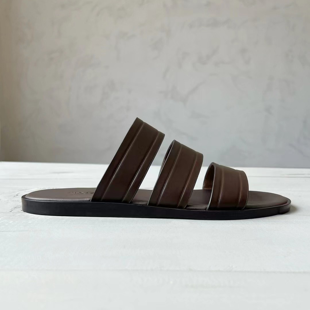 NIGO Loro Piana Men's Summer Pure Color Calfskin Round Head Over-Toe Slippers Sandals Shoes #nigo74938