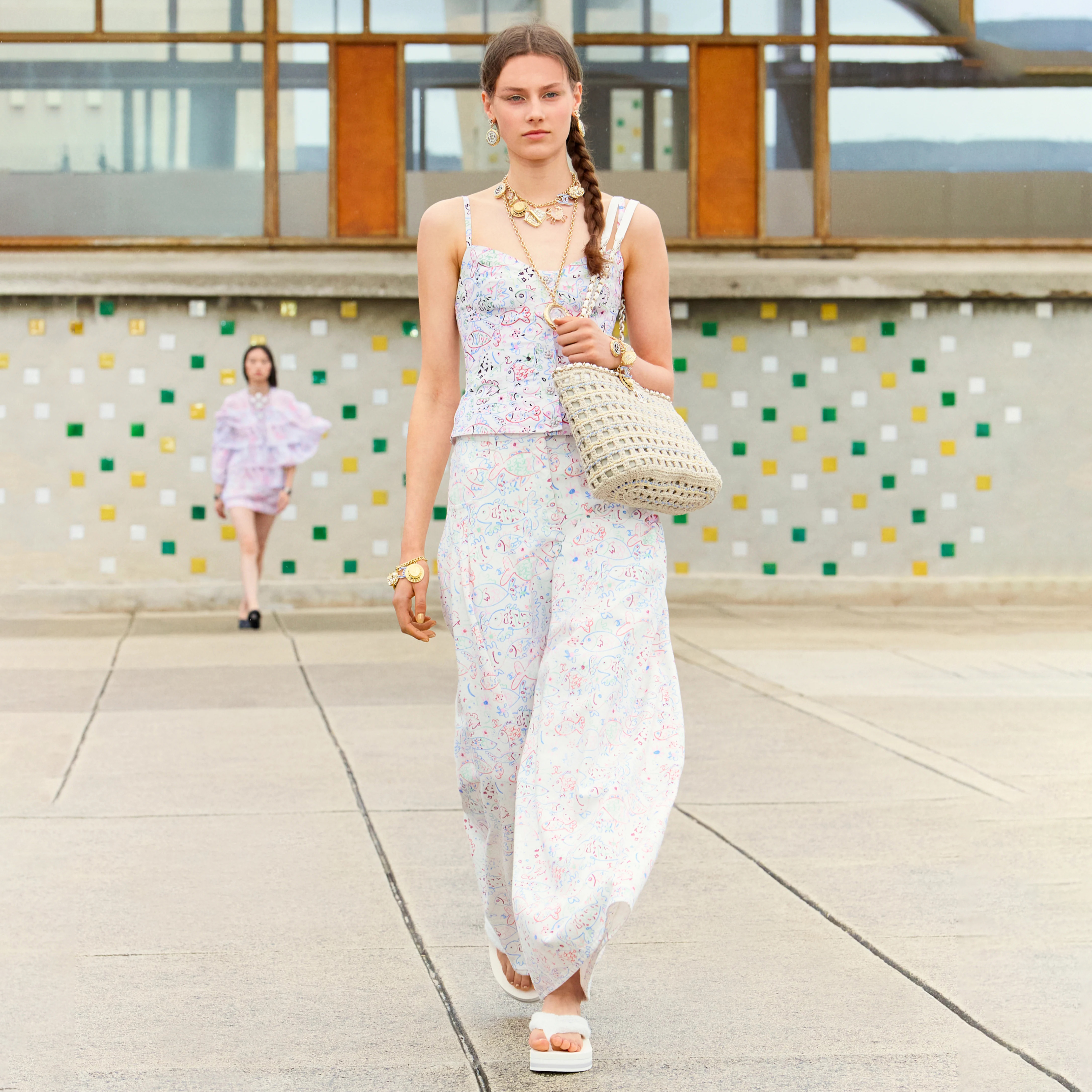 NIGO Chanel Women's Spring/Summer Graffiti Printed Camisole Top Wide Leg Jeans Pants Set Suit #nigo74985