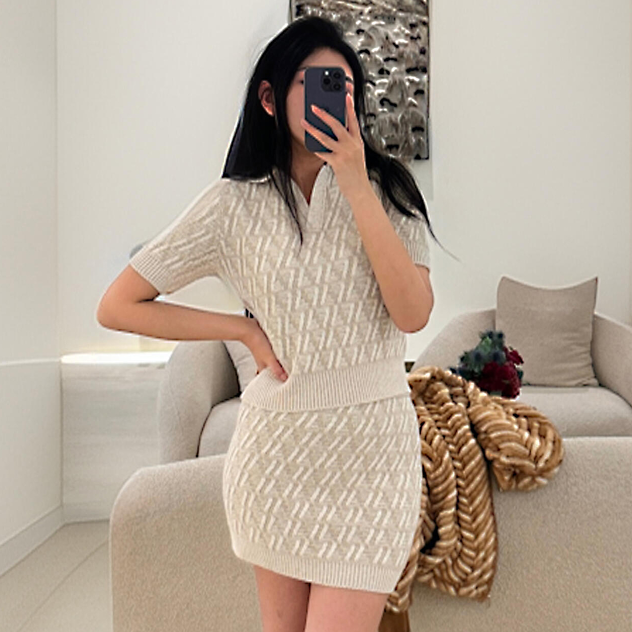 NIGO Fendi Women‘s Summer Solid Color Jacquard Ribbed V-Neck Short Sleeve Sweater Top Casual Short Skirt Set Suit #nigo74982