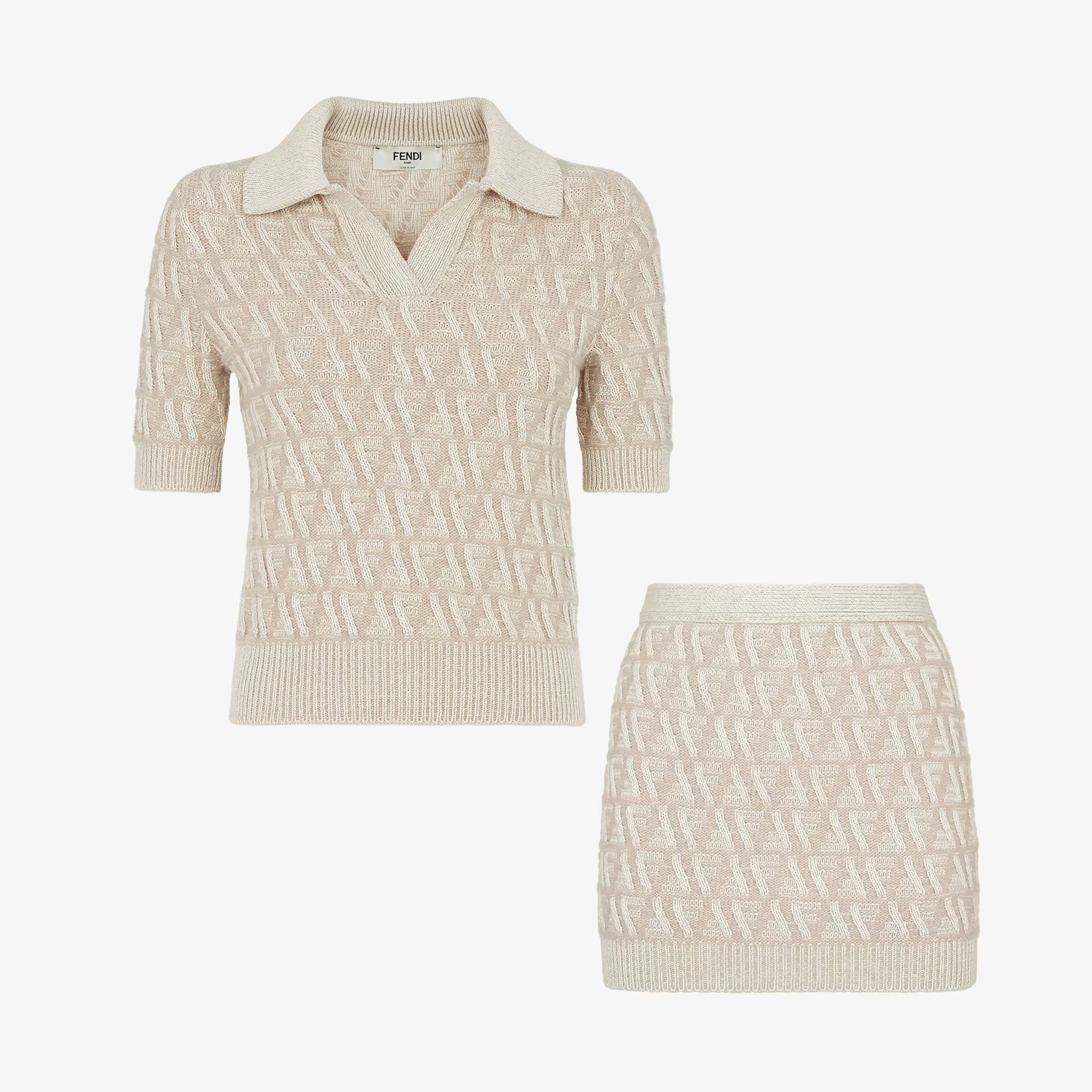 NIGO Fendi Women‘s Summer Solid Color Jacquard Ribbed V-Neck Short Sleeve Sweater Top Casual Short Skirt Set Suit #nigo74982