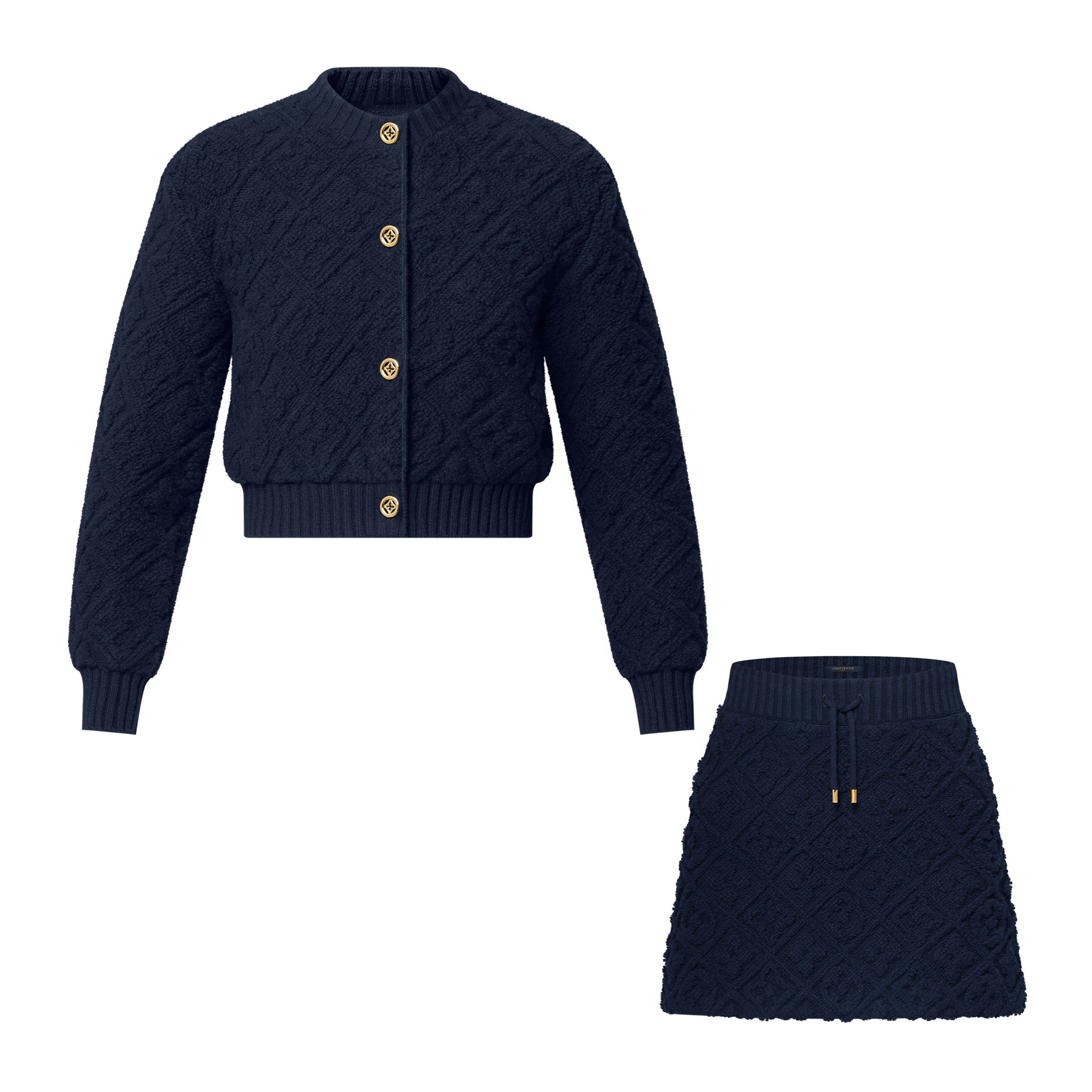 NIGO Louis Vuitton Women's Spring And Autumn Solid Color Single Breasted Ribbed Round Neck Long Sleeved Single-breasted Wool Cardigan Jacket Sweater Drawstring Mid Waist Casual Skirt Suit Set #nigo74753