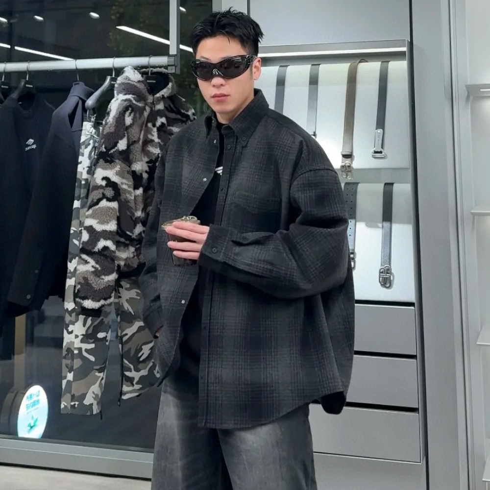 NIGO Balenciaga Men's Spring And Fall Black Plaid Lapel Single Breasted Long Sleeved Shirt #nigo74975