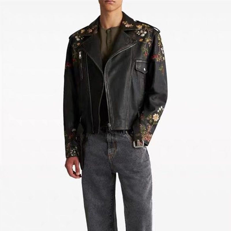 NIGO Gucci Men's Spring And Autumn Retro Floral Embroidery Lapel Zipper Short Solid Color Long Sleeve Leather Jacket Ngvp #nigo9874