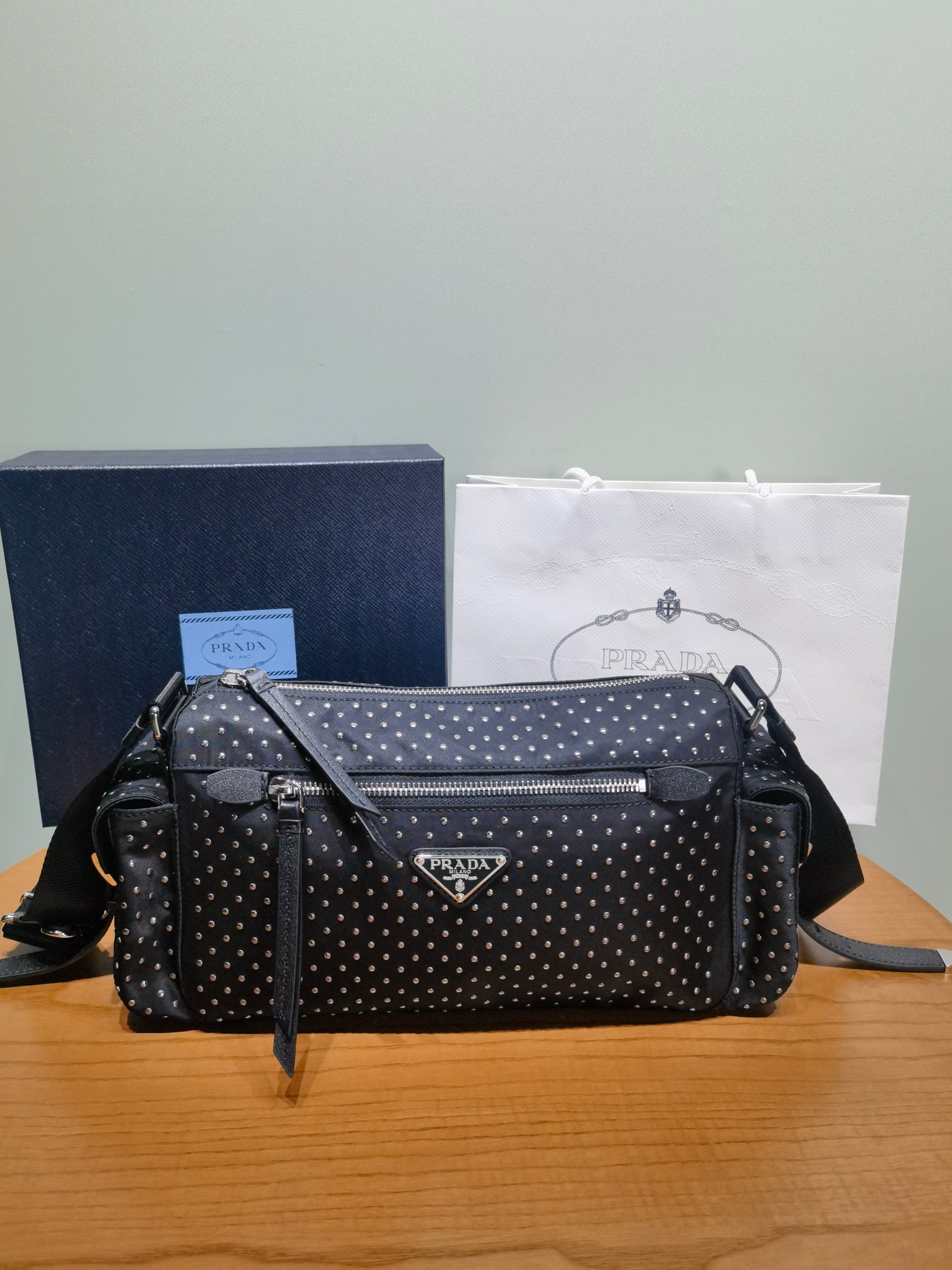 NIGO Prada Women's Metal Triangle Label Zipper Closure Rivet Finish Nylon Shoulder Crossbody Bag Bags #nigo74989