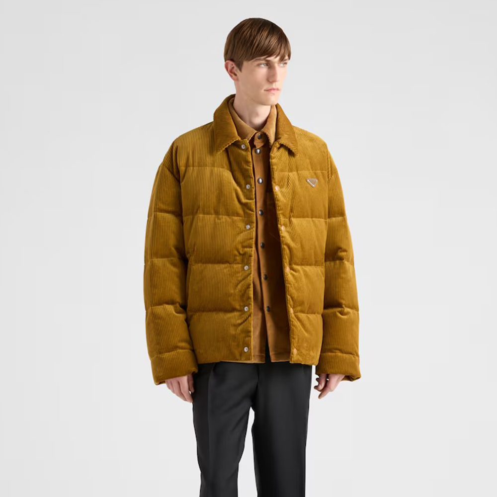 NIGO Prada Men's Fall And Winter Logo Lapel Single-Breasted Solid Color Fitted Short Section Long Sleeve Corduroy Texture Puffer Down Jacket #nigo71823