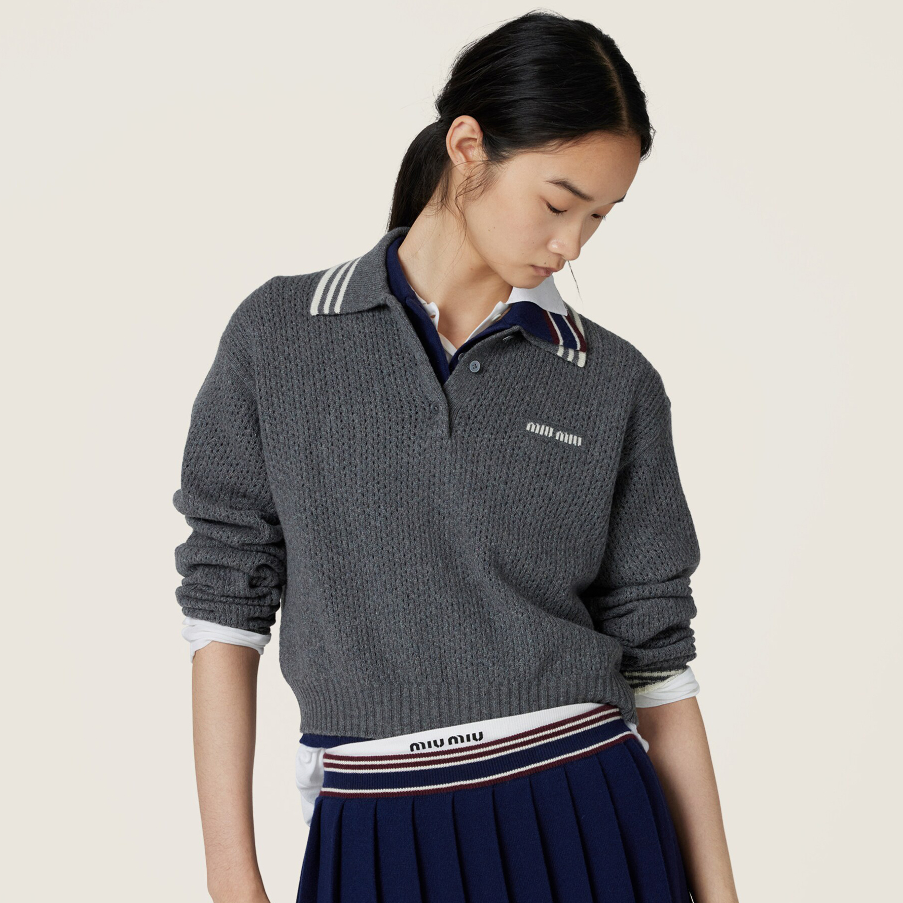 NIGO MiuMiu Women's Spring and Autumn Solid Color Mesh Knit Loose Polo Neck Long Sleeve Sweater #nigo75112