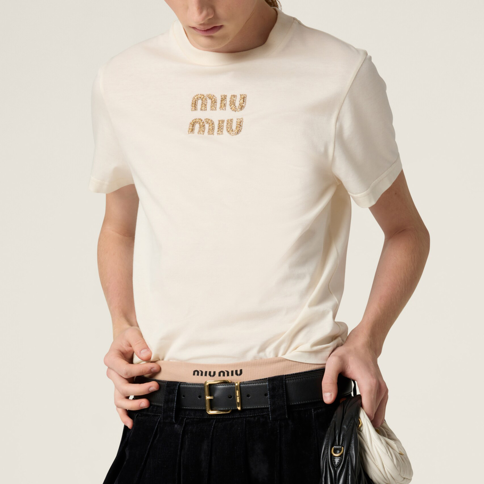 NIGO MiuMiu Women's Summer Solid Color Embroidery Beaded Letter Print Round Neck Short Sleeve T-Shirt #nigo75117