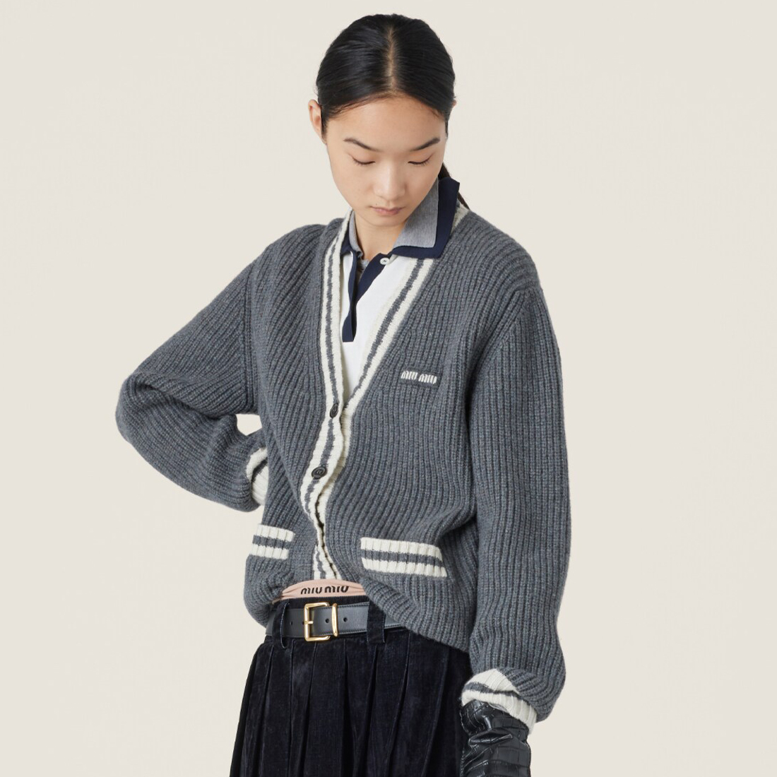 NIGO MiuMiu Women's Spring And Autumn Mesh Knit Color Blocking V-neck Single Breasted Long Sleeved Cashmere Cardigan Jacket #nigo75115
