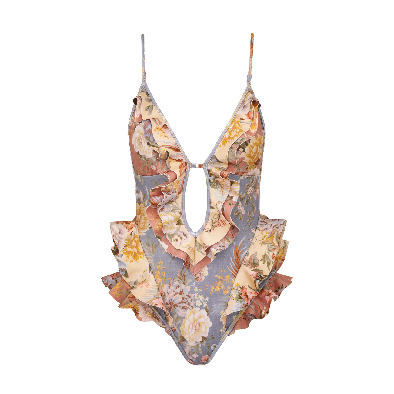 NIGO Zimmermann Women's Patchwork Chartreuse Ruffle Halter One-piece Swimsuit #nigo75153