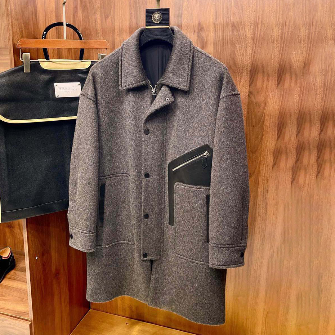 NIGO Hermes Men's Fall And Winter Tweed Splicing Sheepskin Casual Solid Color Lapel Single-Breasted Long Cashmere Coat Jacket Ngvp #nigo9883