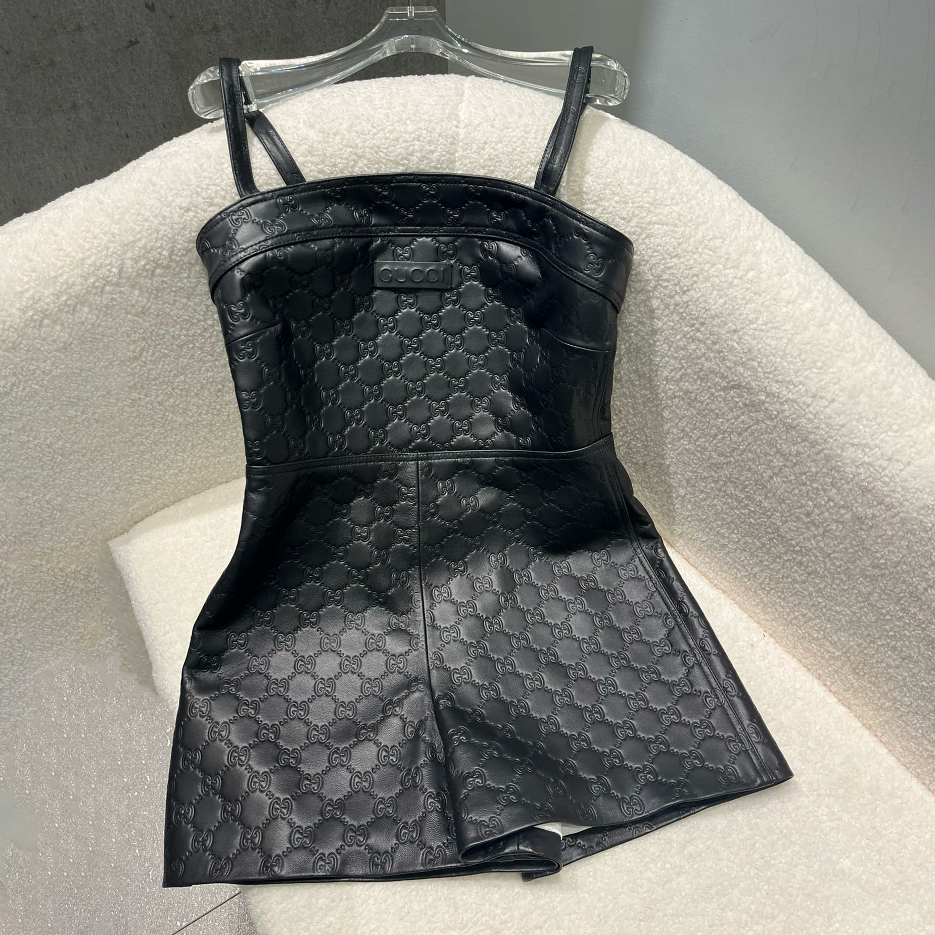 NIGO Gucci Women's Spring/Summer Alphabet Embossed Printed Solid Color Leather Halter Jumpsuit #nigo75151