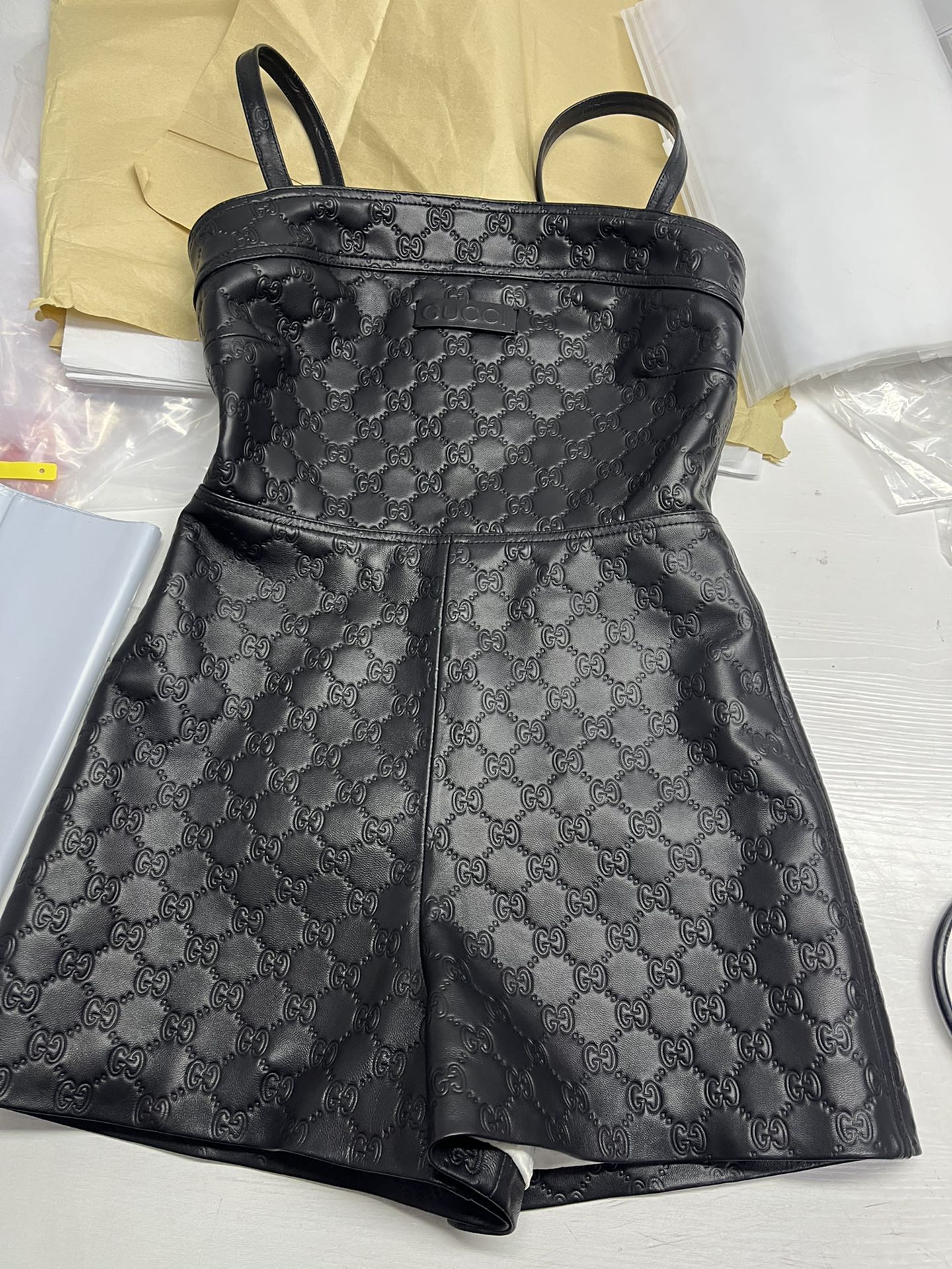 NIGO Gucci Women's Spring/Summer Alphabet Embossed Printed Solid Color Leather Halter Jumpsuit #nigo75151