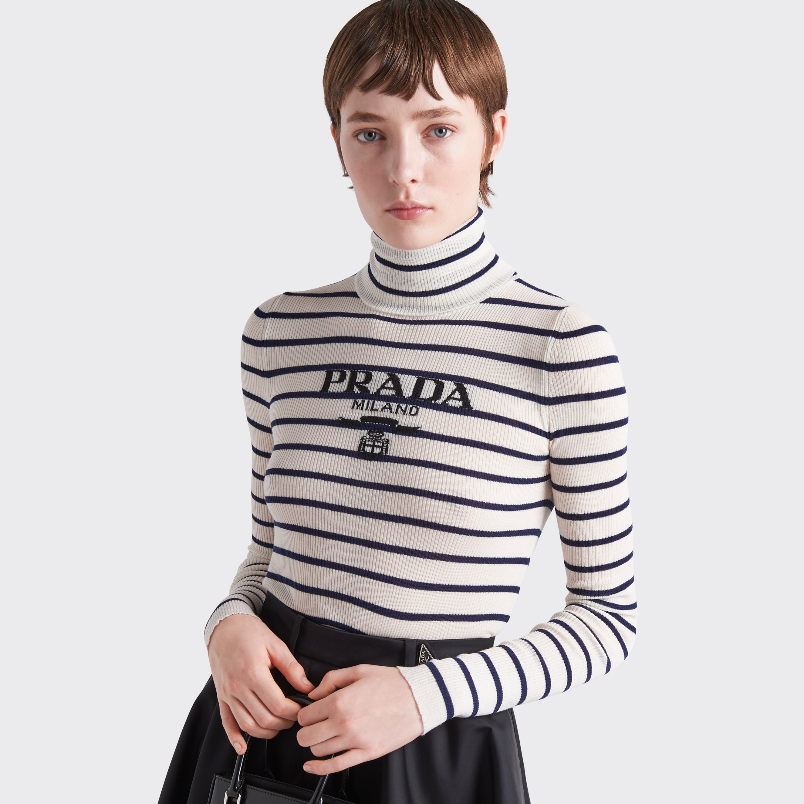 NIGO Prada Women's Spring and Autumn Striped Printed Letter Insert High Neck Pullover Wool Sweater #nigo75136