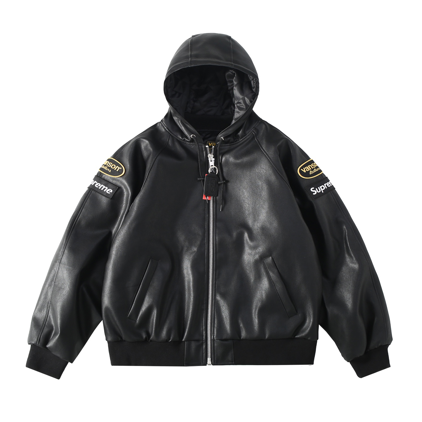 NIGO Supreme x Vanson Leathers Men's and Women's Spring and Fall Sleeve Logo Embroidered Patch Zipper Closure Hooded Leather Jacket #nigo75186