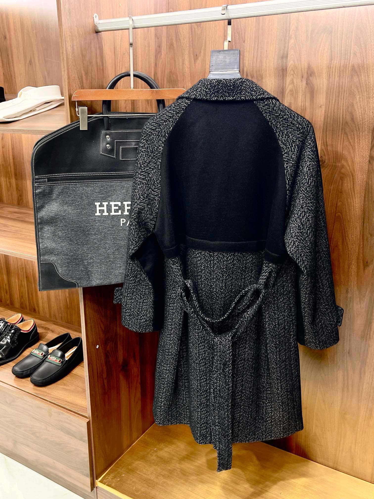 NIGO Hermes Men's Fall And Winter Jacquard Herringbone Double Breasted Design Belt Models Splicing Process Long Cashmere Coat Jacket #nigo75174