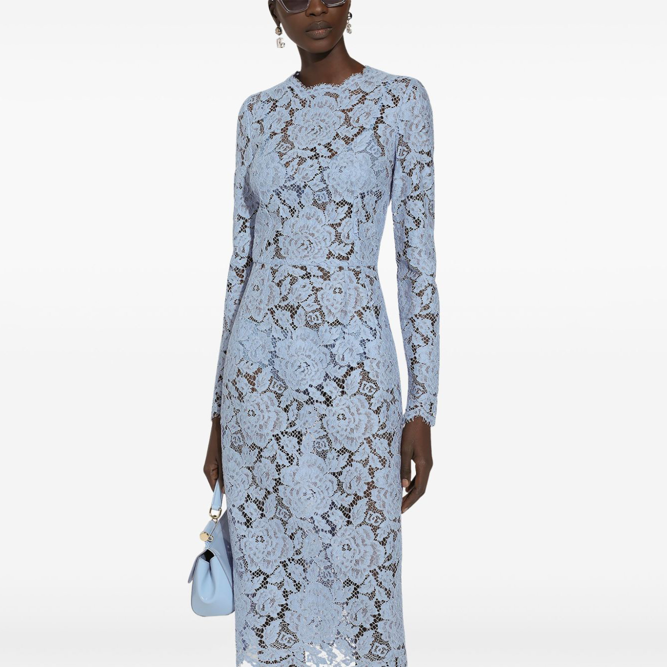 NIGO Dolce&Gabbana Women's Summer Blue Floral Lace Semi-sheer Round Neck Long Sleeve Dress Silk Camisole Lining #nigo75161